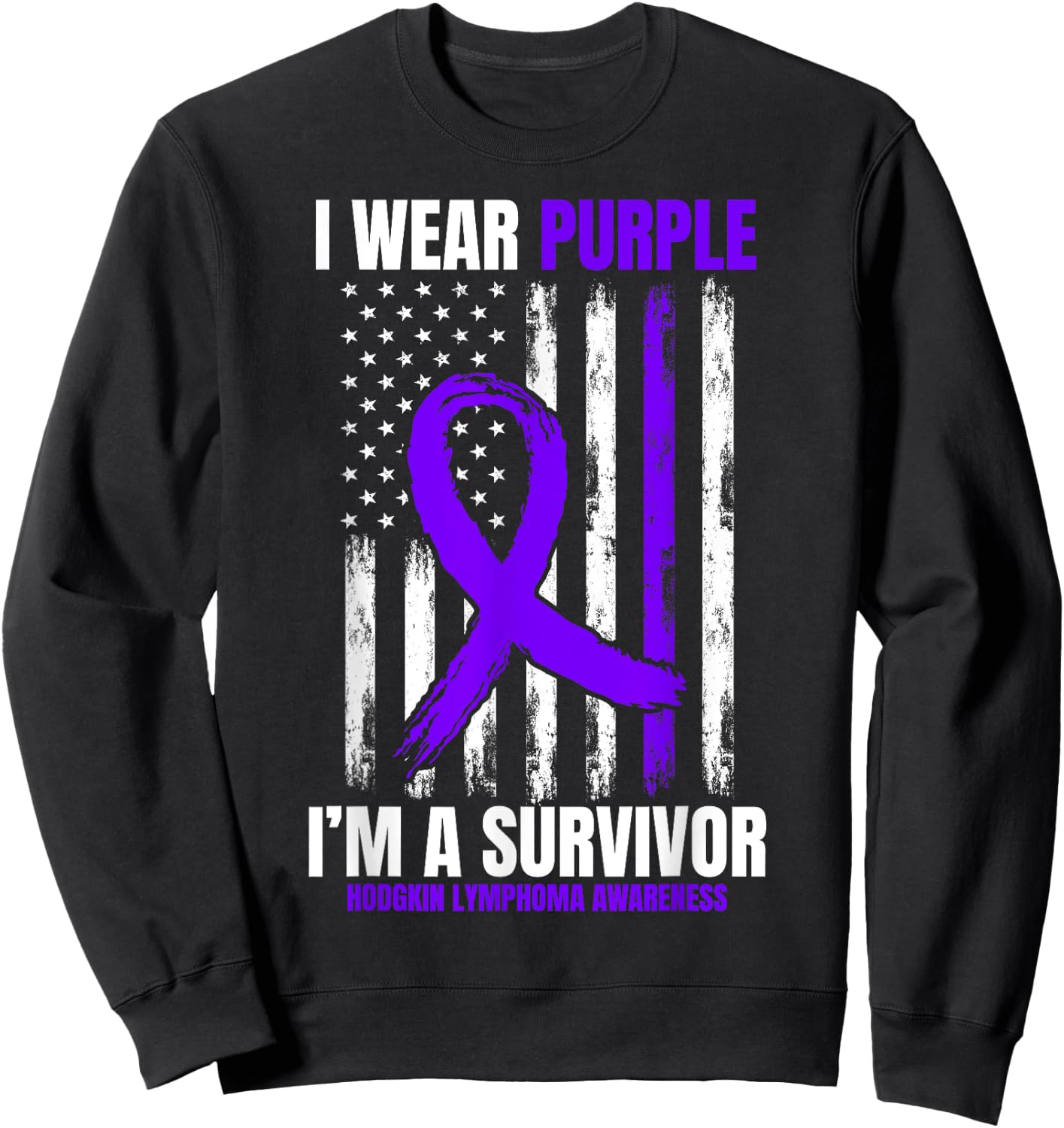 I Wear Purple Hodgkins Lymphoma Survivor Gifts American Flag Kids Men Sweatshirt - Sweatshirt | Black