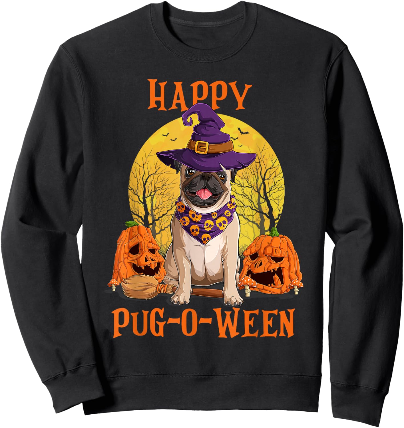 Funny Halloween Costumes for Pugs Lovers - Pumpkin Witch Pug Sweatshirt - Sweatshirt | Black