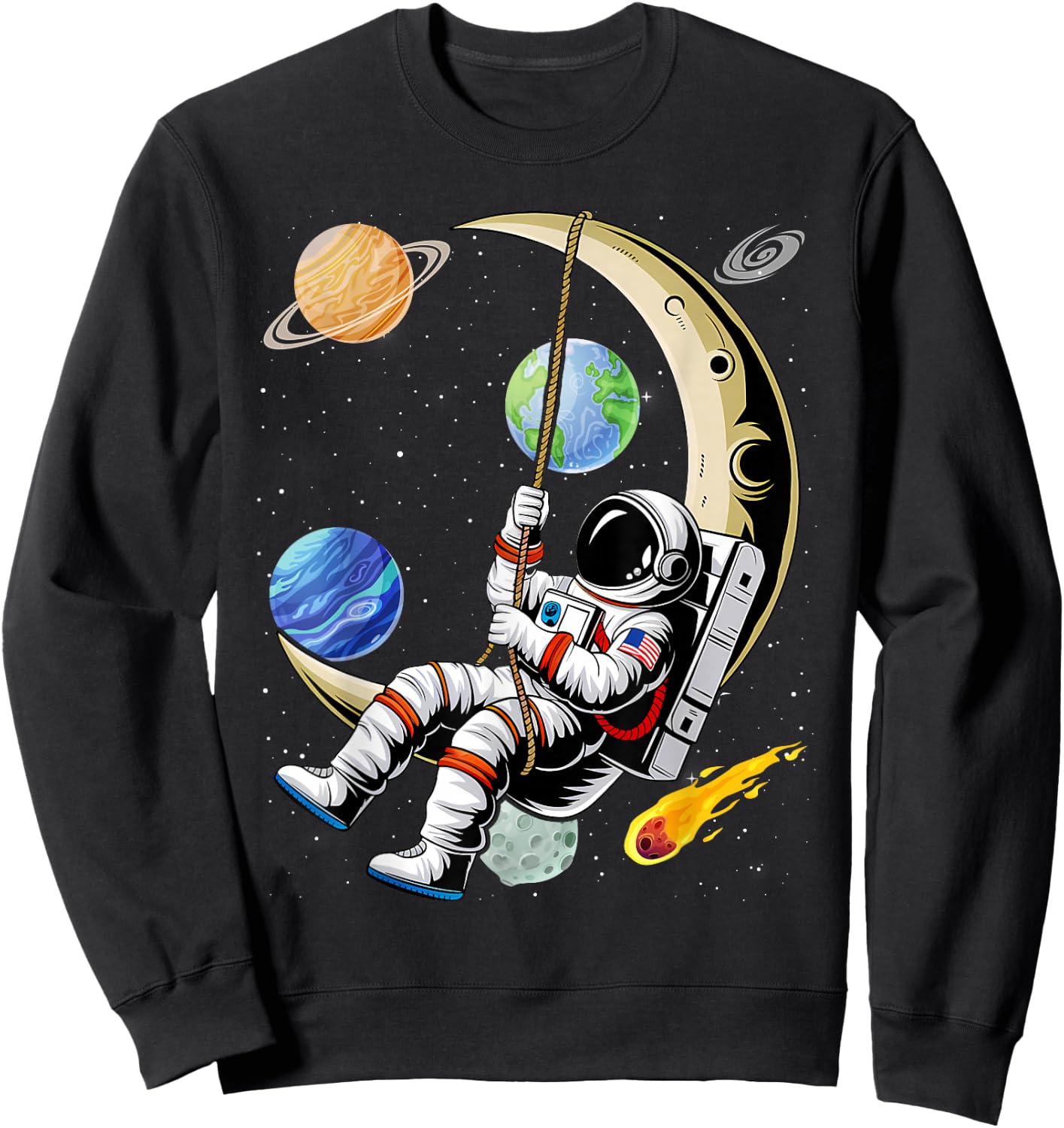 Astronaut Moon Swing Planets Space Galaxy Women Kids Men Sweatshirt - Sweatshirt | Black