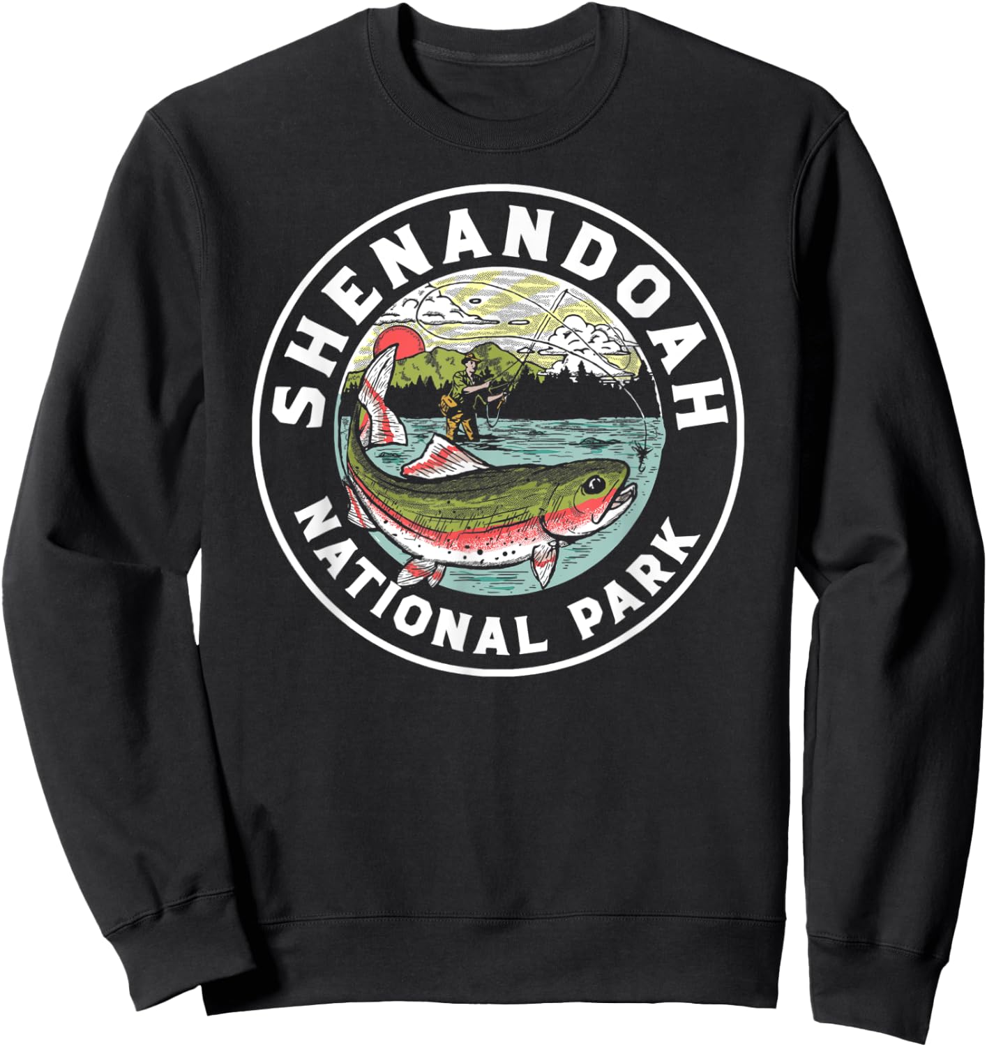 Shenandoah Fly Fishing Artistic Trout Fisherman Graphic Sweatshirt - Sweatshirt | Black