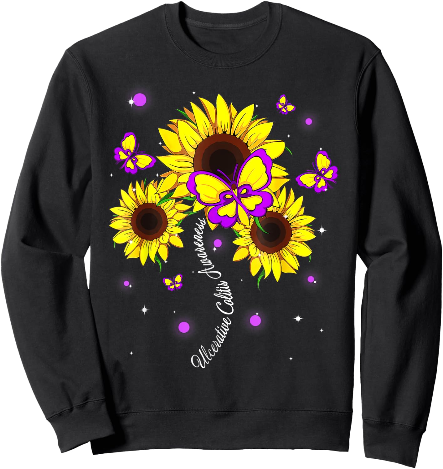 Ulcerative Colitis Awareness Sunflower Butterfly Ribbon Sweatshirt - Sweatshirt | Black