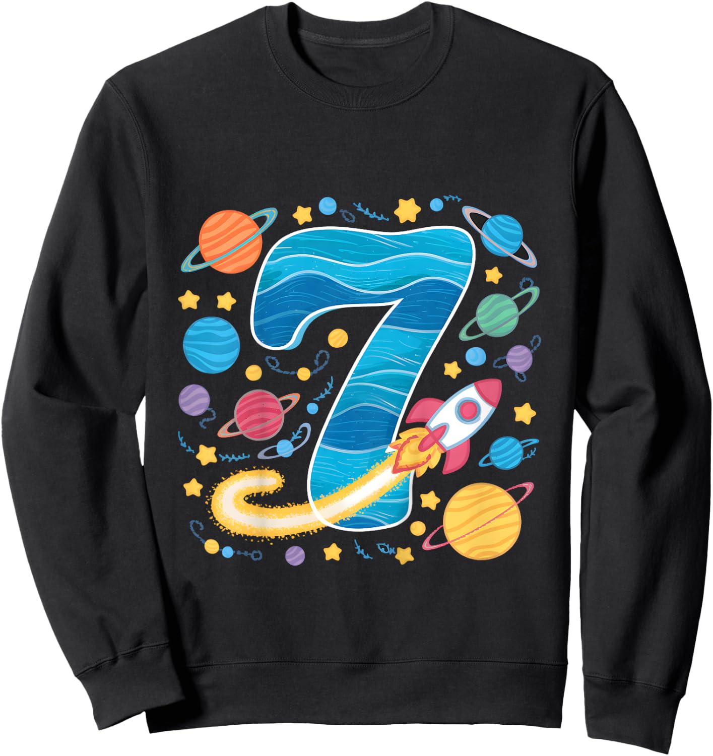 Kids 7th Birthday Boys 7 Years Planets Space Birthday Sweatshirt - Sweatshirt | Black