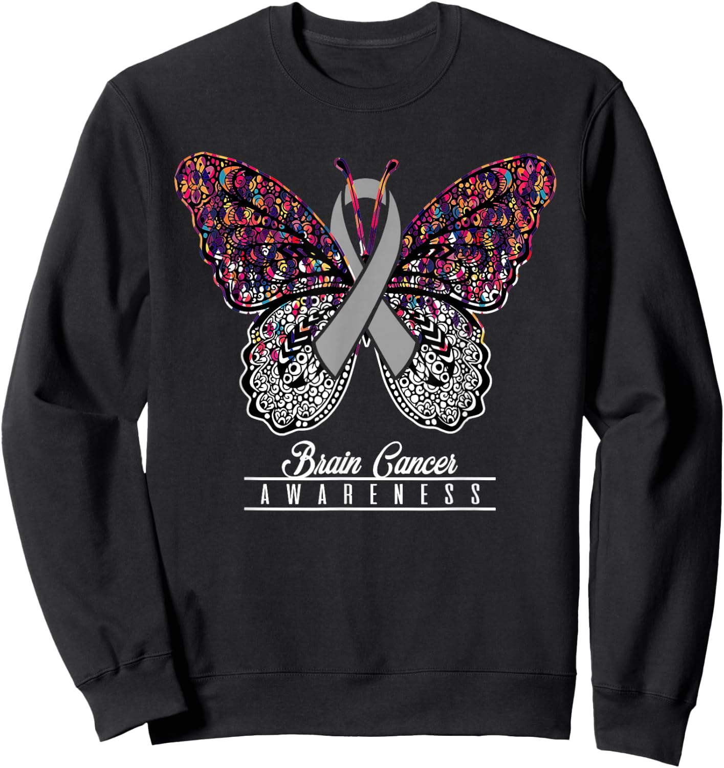 Brain Cancer Awareness Shirt Butterfly Lovers Gifts Sweatshirt - Sweatshirt | Black