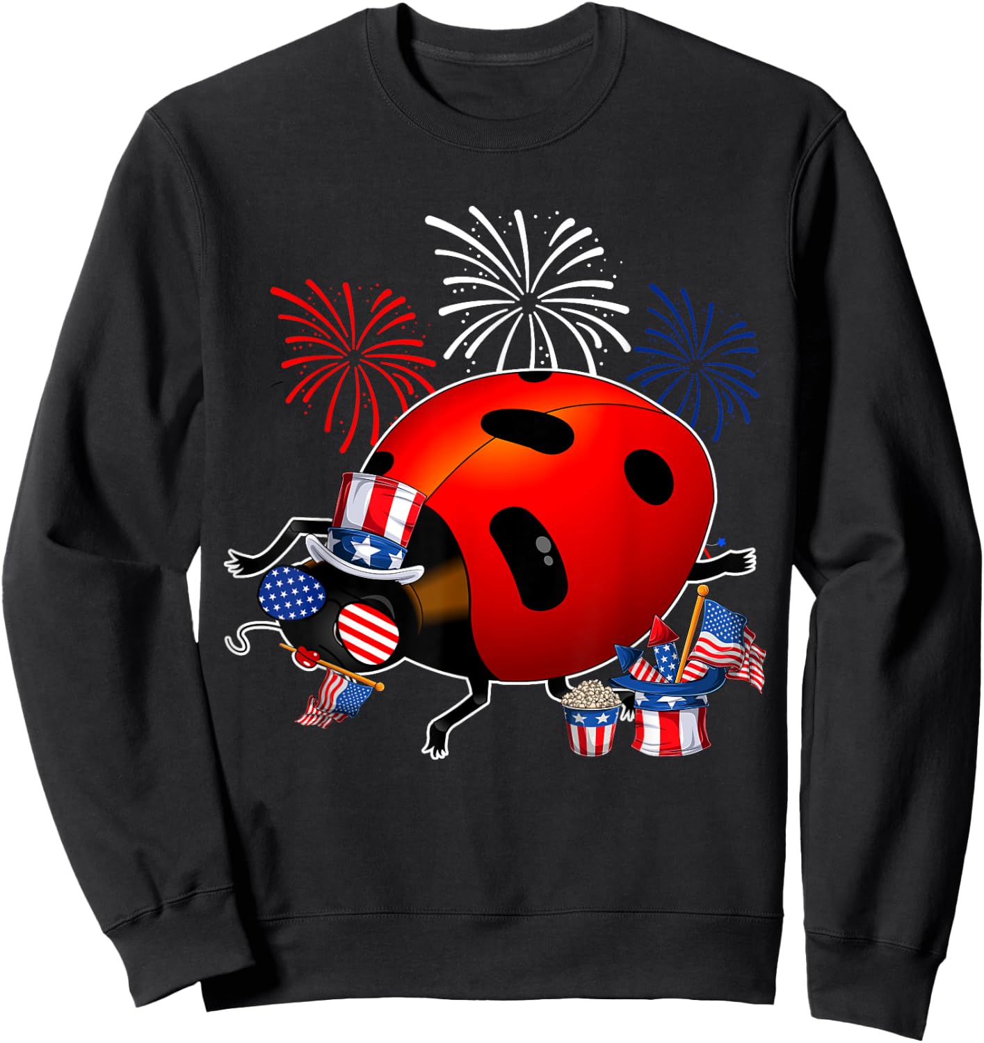Ladybug Holding American Flag Sunglasses Happy 4th Of July Sweatshirt - Sweatshirt | Black