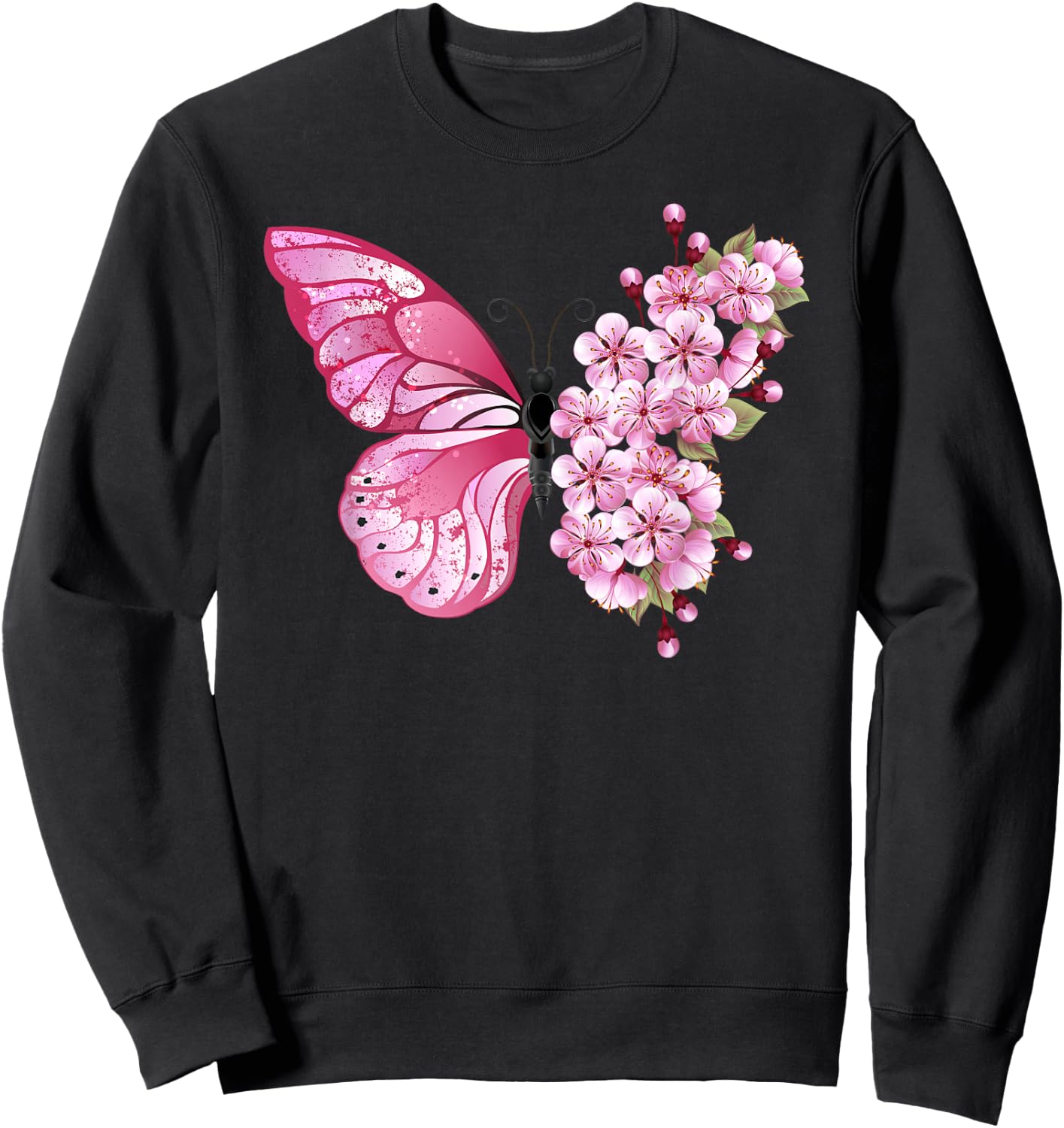 Beautiful Butterfly Flower Mix - Pink Japanese Cherry Sweatshirt - Sweatshirt | Black