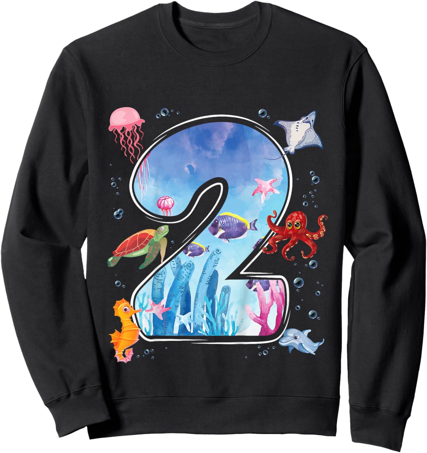 Kids 2nd Birthday Party Ocean 2 Year Old Sea Fish Aquarium Boy Sweatshirt - Sweatshirt | Black