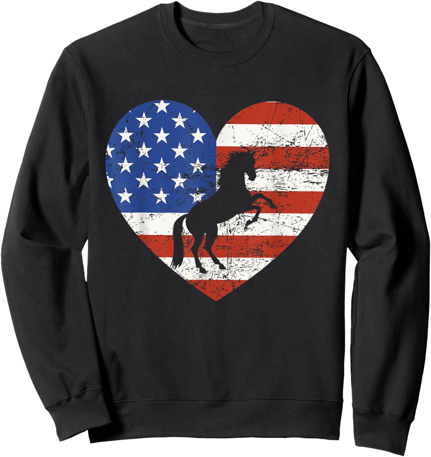 Horse American Flag Heart 4th of July USA Patriotic Pride Sweatshirt - Sweatshirt | Black