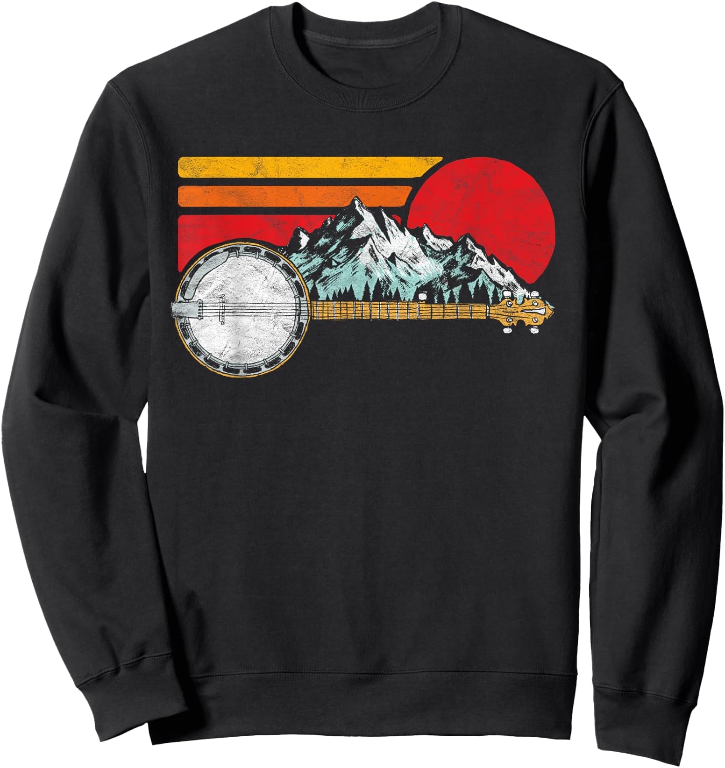 Retro Banjo Mountains & Sun Sketch Surf Style 80's Graphic Sweatshirt - Sweatshirt | Black