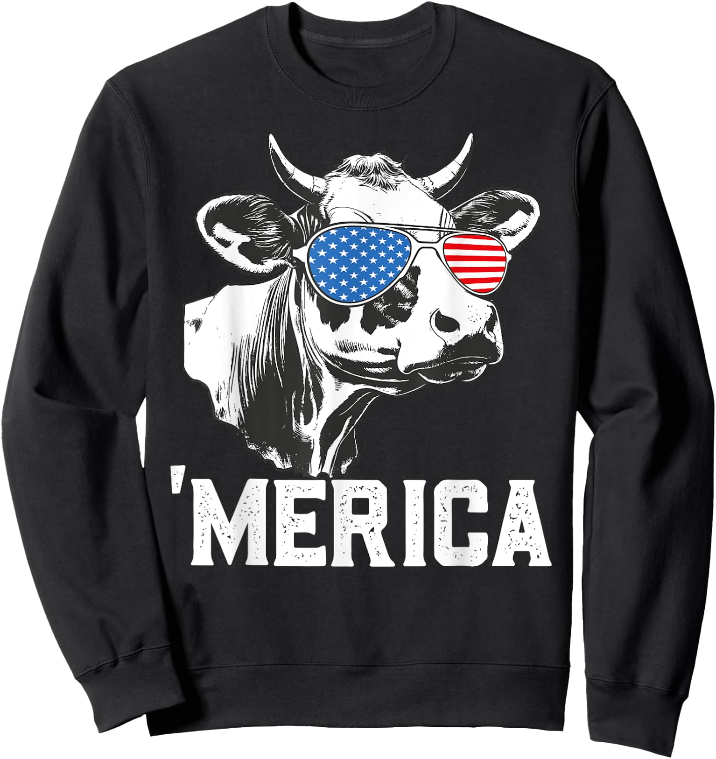 Merica Funny Cow American Flag Sunglasses Patriotic July 4th Sweatshirt - Sweatshirt | Black