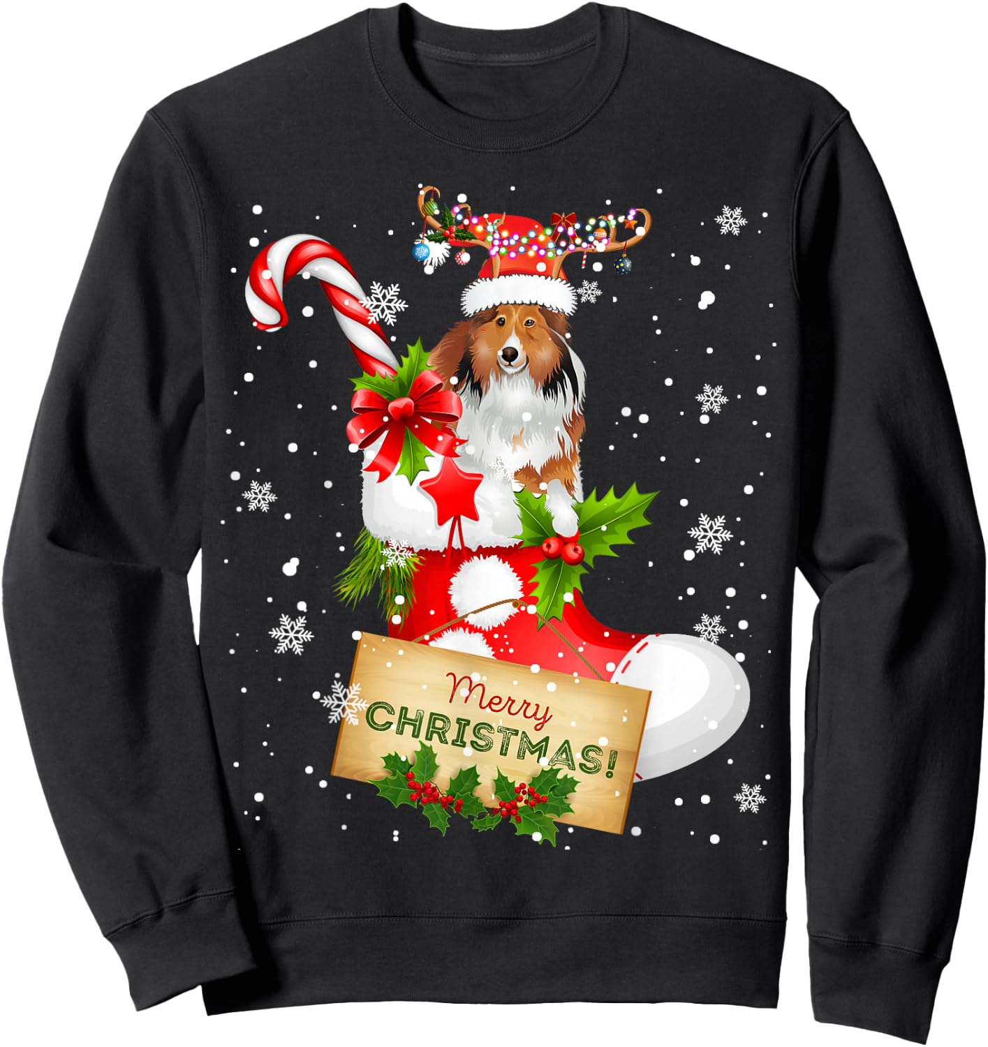 Merry Christmas Xmas Lights Santa Reindeer Sheltie In Sock Sweatshirt - Sweatshirt | Black
