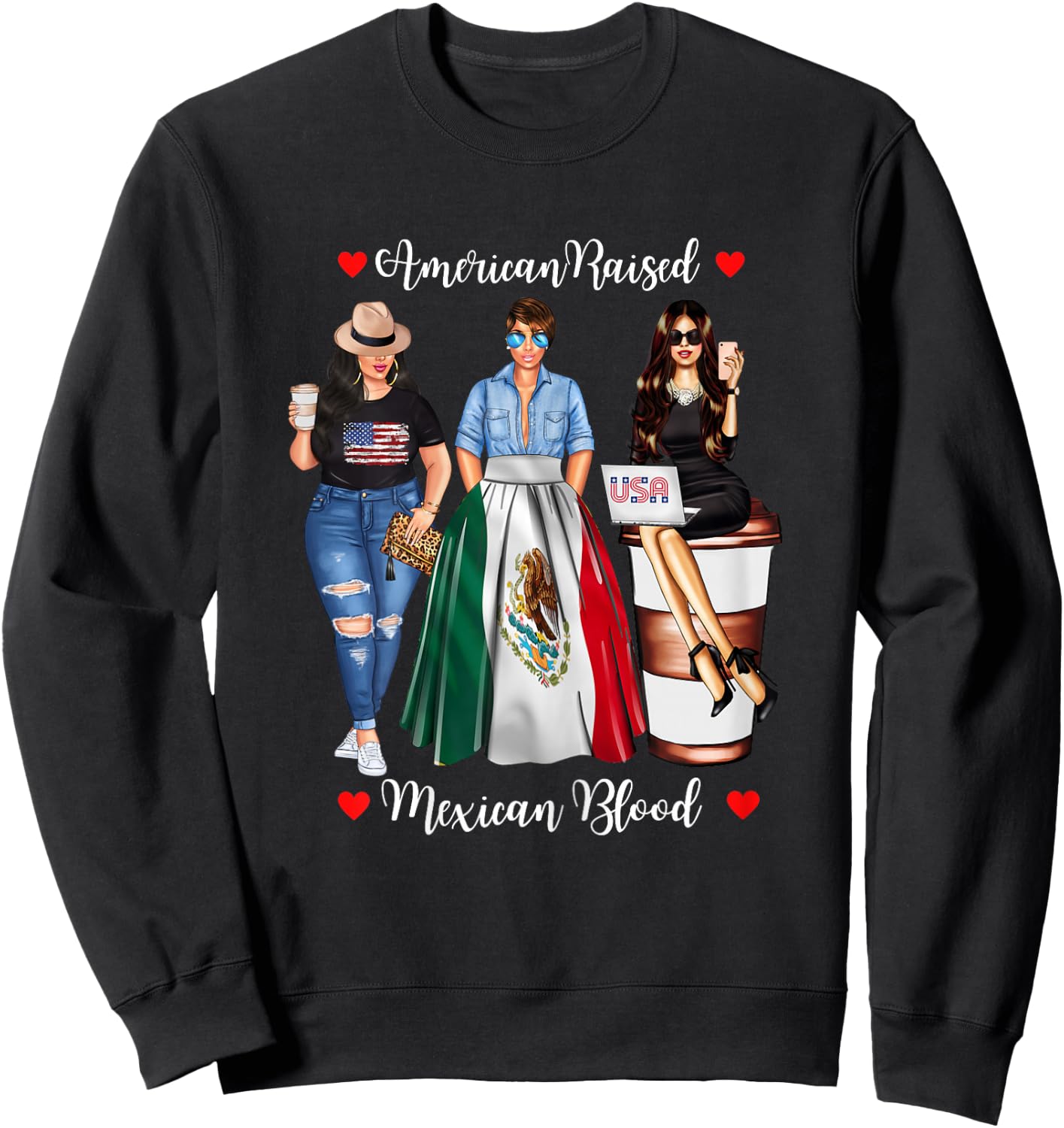 American Raised Mexican Blood USA Flag Patriotic Mexico Flag Sweatshirt - Sweatshirt | Black