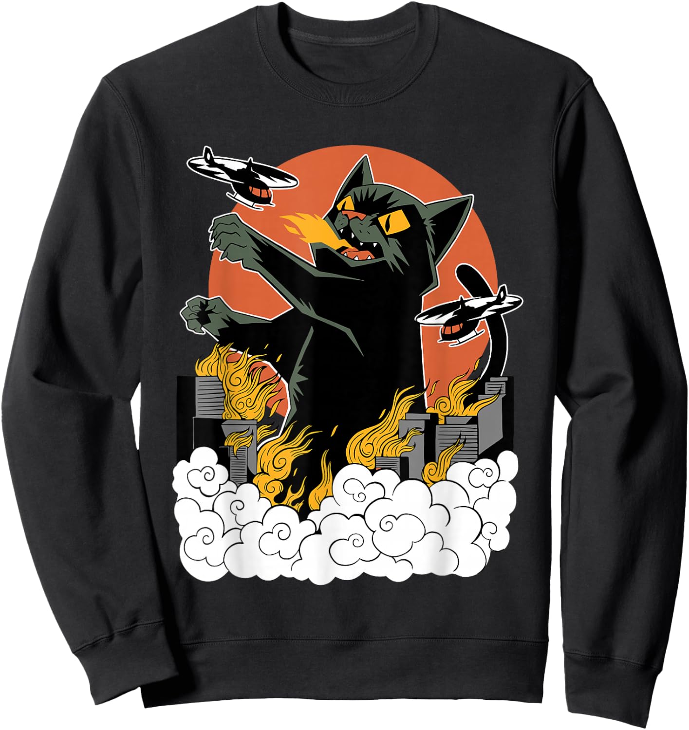 Black Japanese Catzilla Sunset - Classic Fit, , Cotton & Polyester Blend Sweatshirt - Sweatshirt | Black