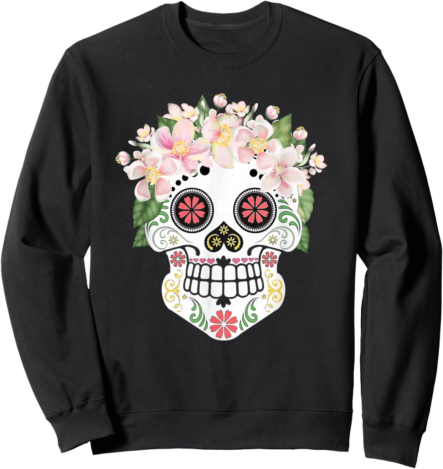 Beautiful Sugar Skull with Apple Blossom Flowers Day of Dead Sweatshirt - Sweatshirt | Black