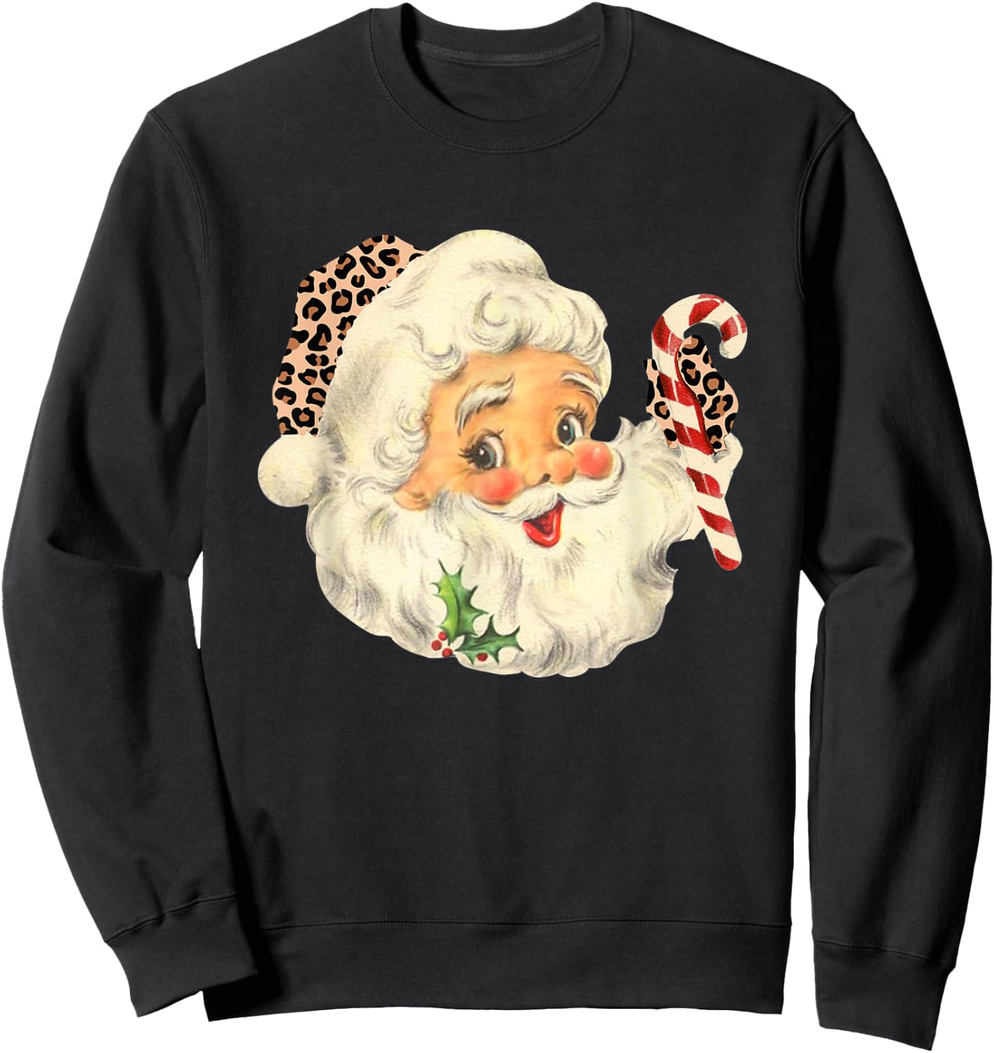 Funny Santa Claus face Vintage Leopard Santa Christmas Sweatshirt - Sweatshirt | Black