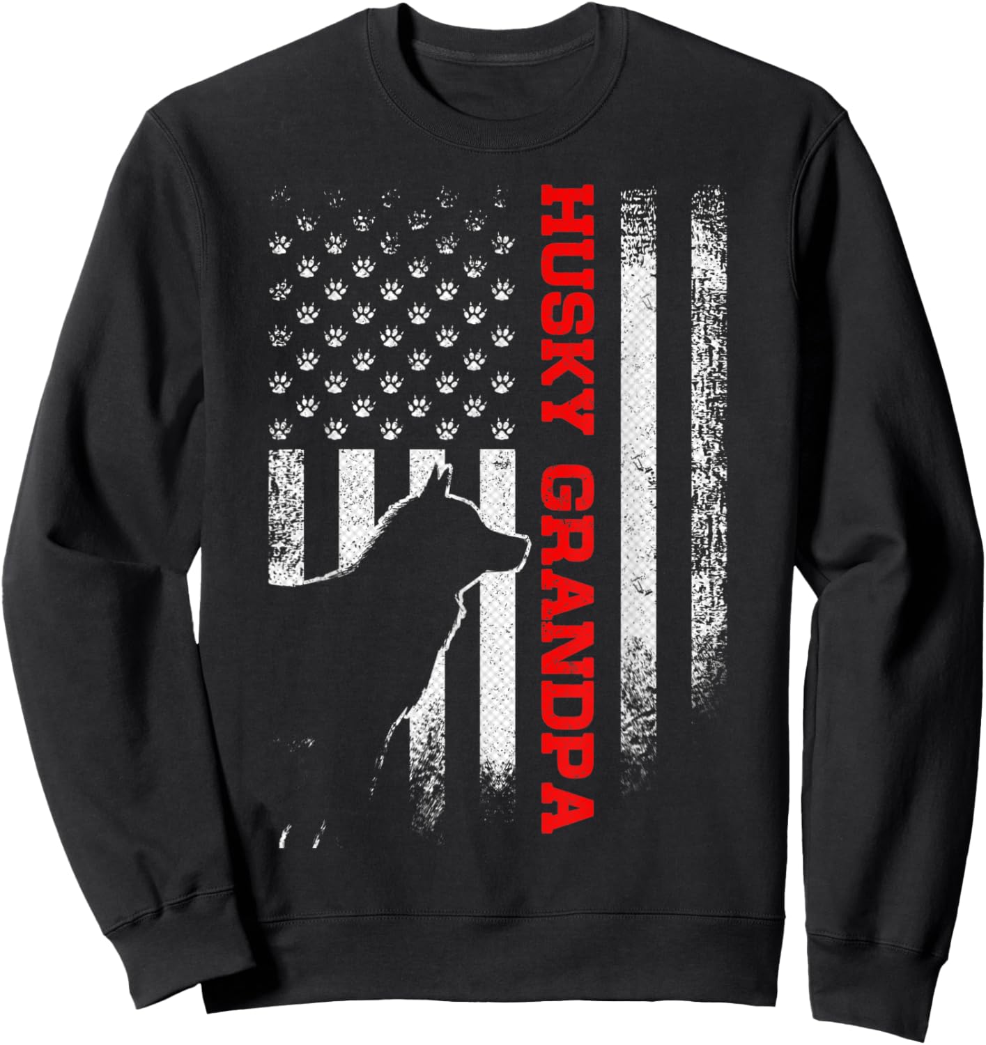 Vintage USA American Flag Siberian Husky Grandpa Silhouette Sweatshirt - Sweatshirt | Black
