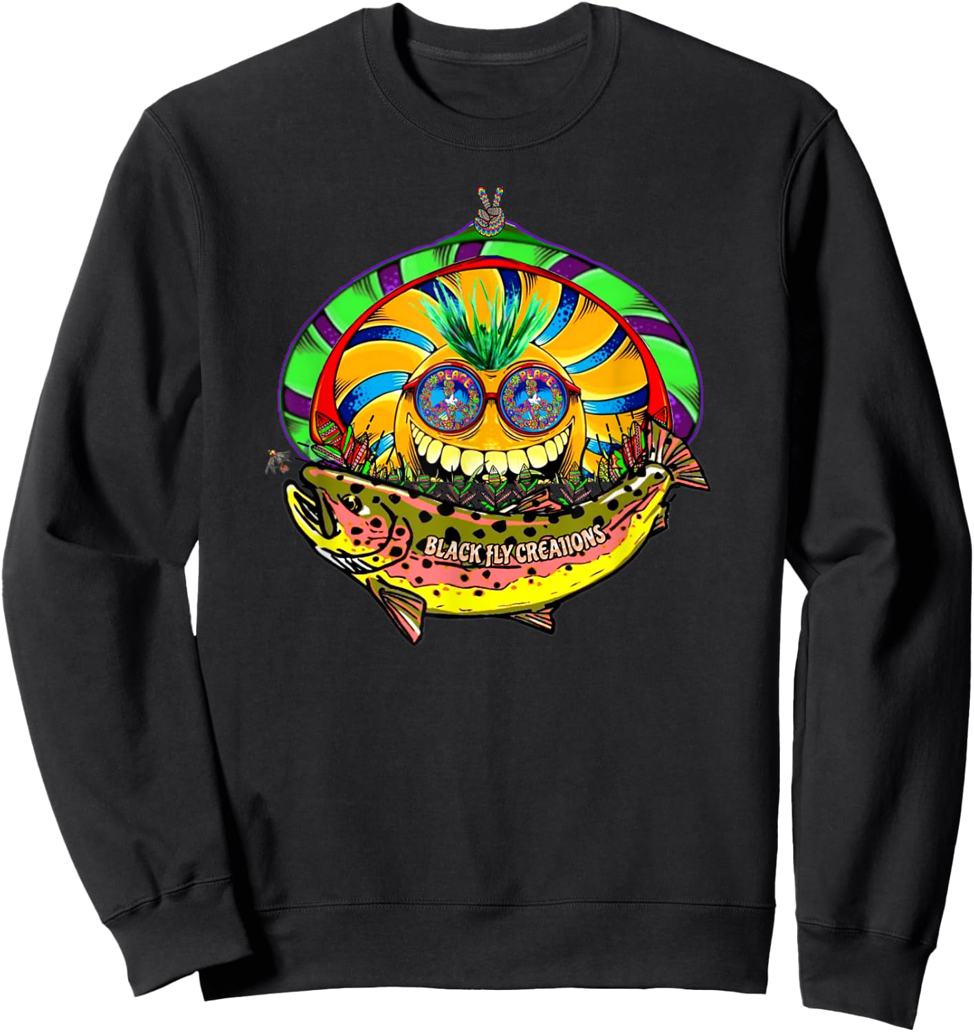 Black Fly "Hippie Trout" Retro 60s Fly Fishing Tenkara Peace Sweatshirt - Sweatshirt | Black