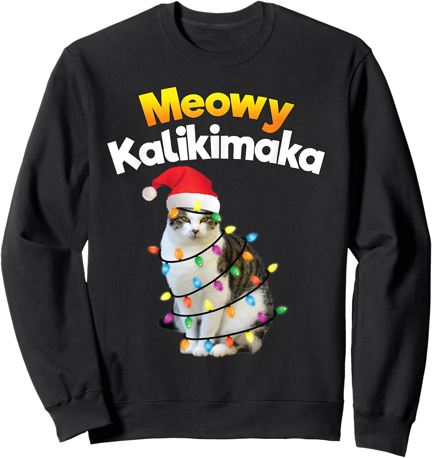 Mele Kalikimaka Shirt Hawaiian Merry Christmas Cat Lights Women Kids Sweatshirt - Sweatshirt | Black