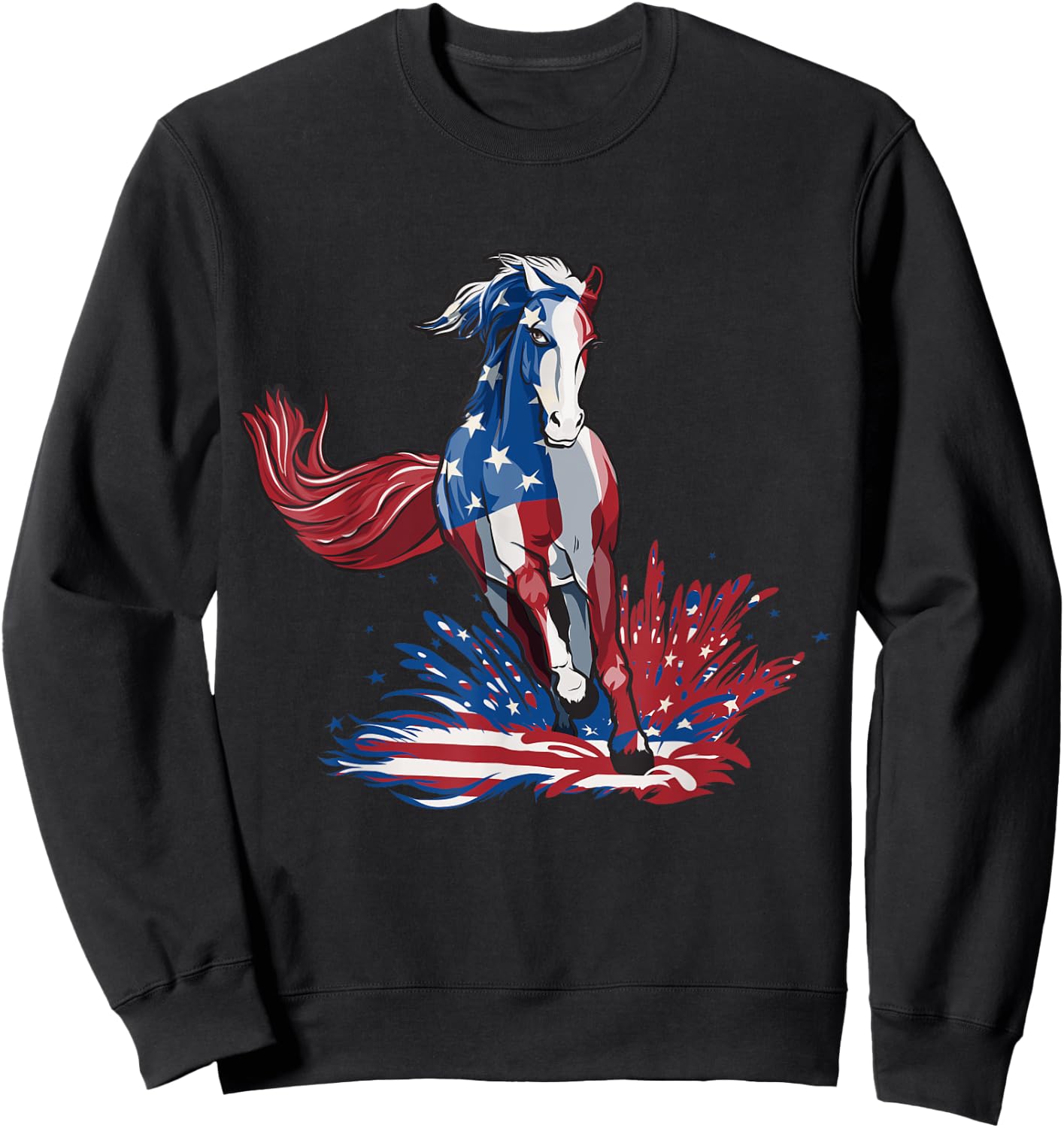 Horse 4th Of July Shirt Women Girls American Flag USA Horse Sweatshirt - Sweatshirt | Black