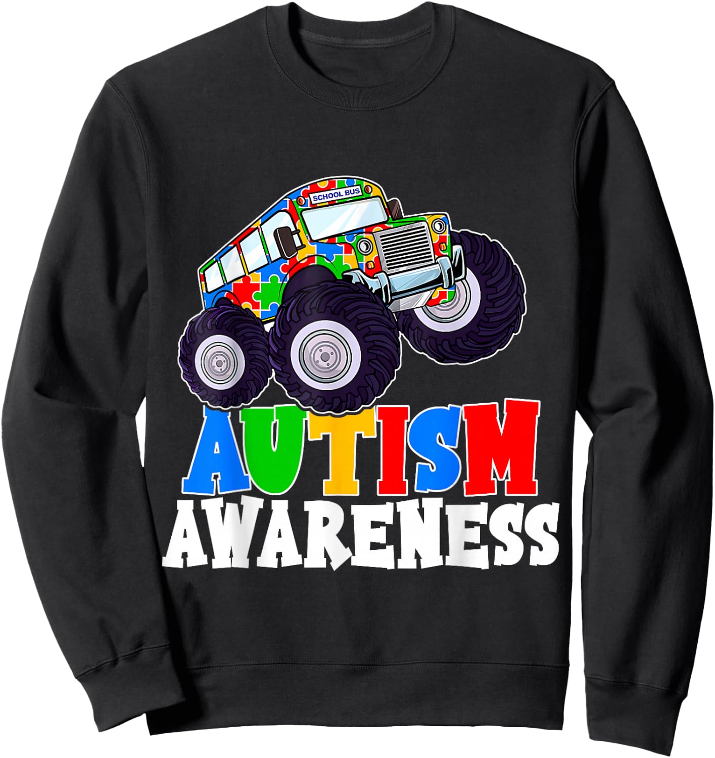 Monster Truck School Bus Puzzle Piece Autism Awareness Gifts Sweatshirt - Sweatshirt | Black