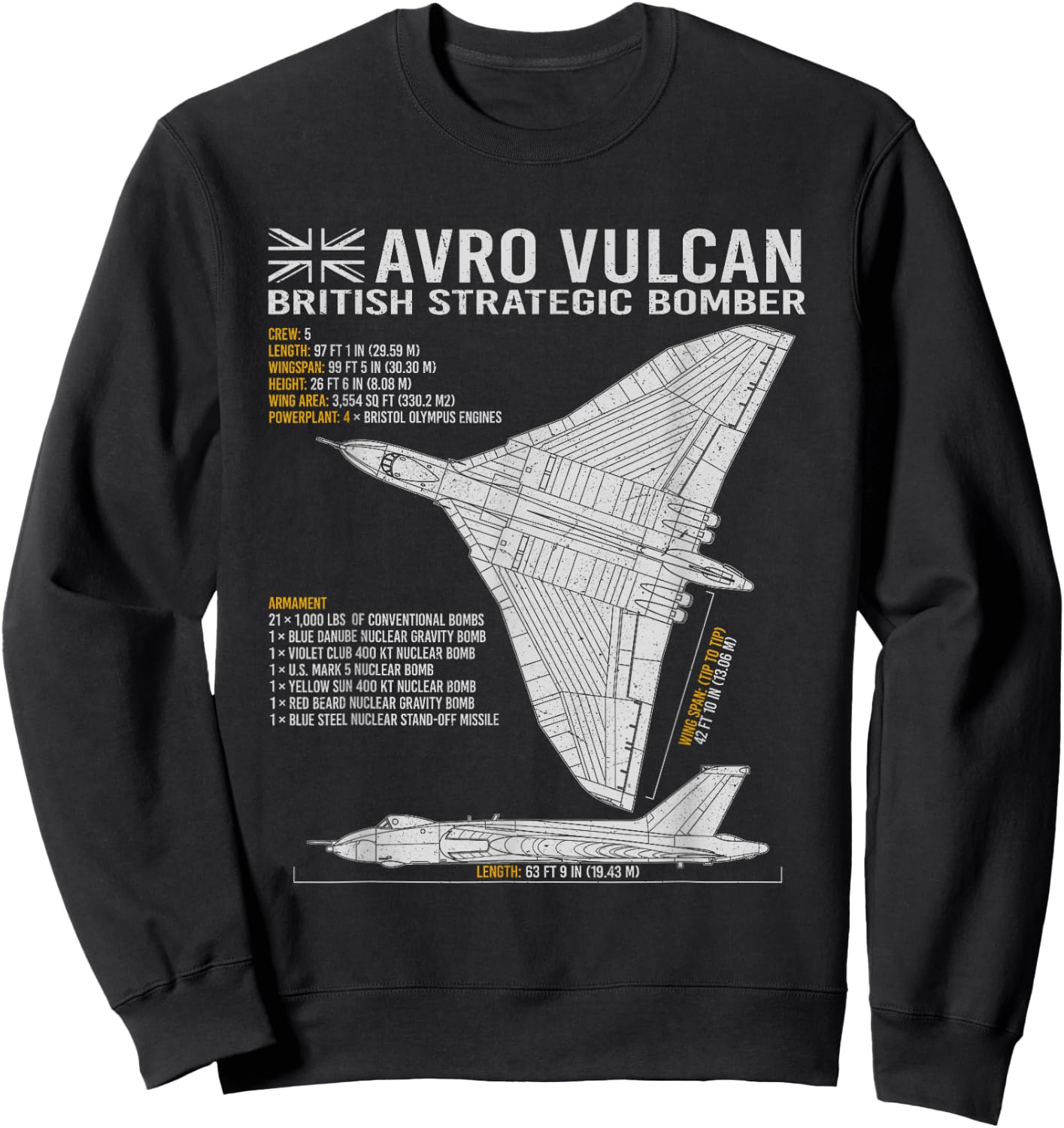 Vulcan Bomber RAF Airplane Aircraft War Tarpaulin Blueprint Sweatshirt - Sweatshirt | Black