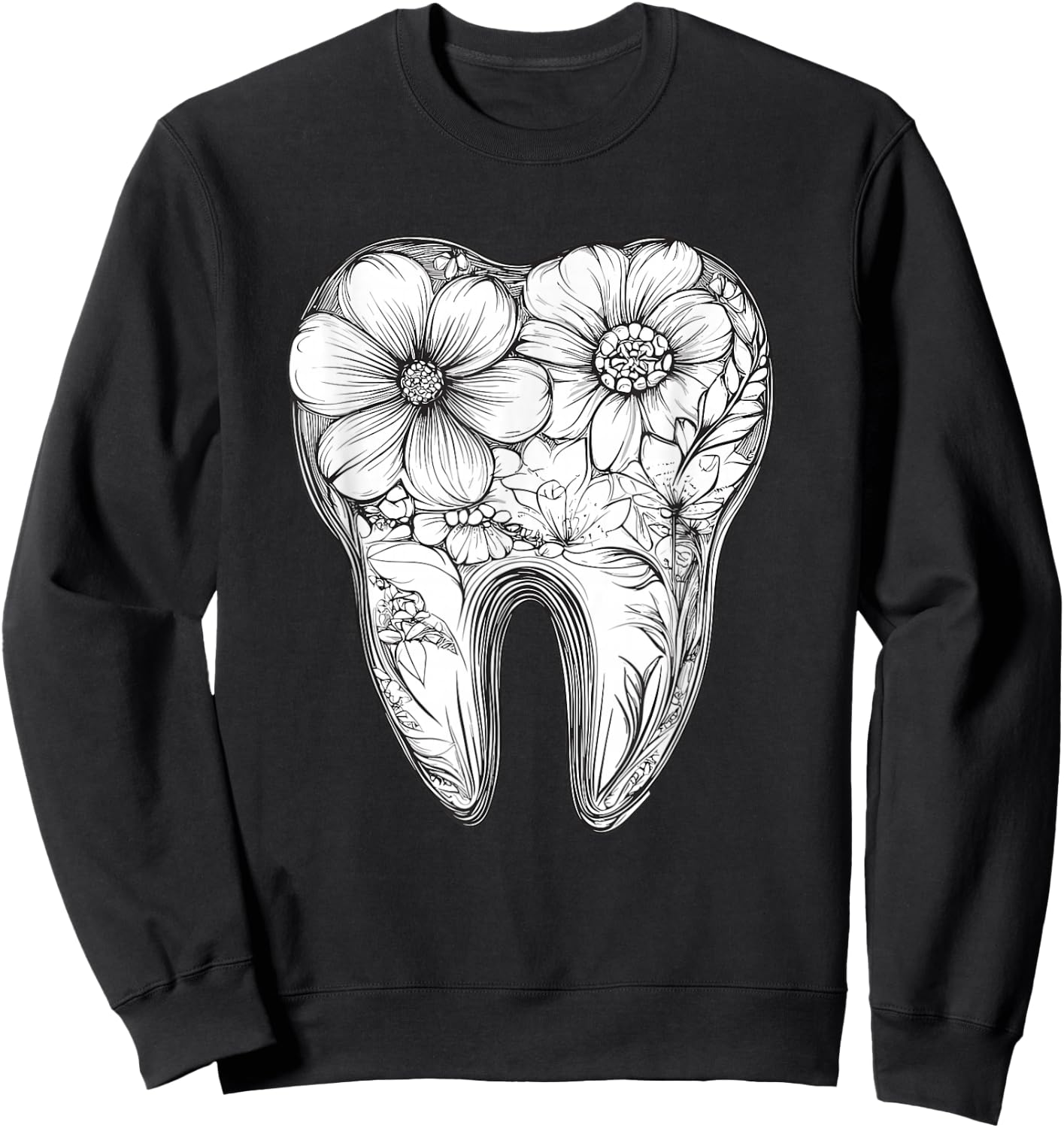 Floral Tooth with Blooming Flowers Sweatshirt - Sweatshirt | Black