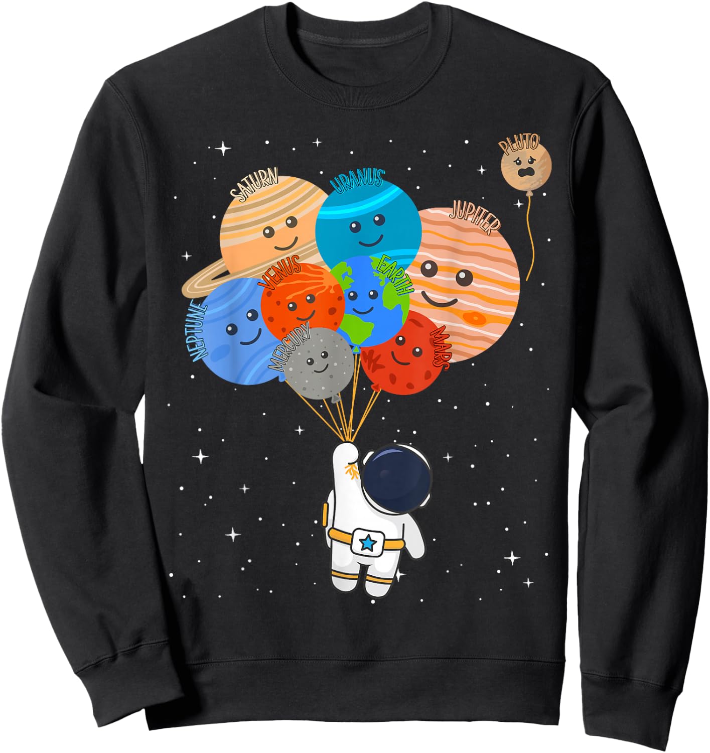 Funny Solar System Astronaut Holding Planet Balloons Pluto Sweatshirt - Sweatshirt | Black