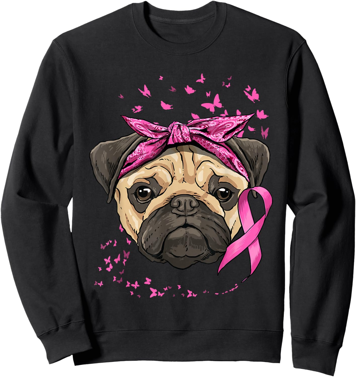 Breast Cancer Awareness Pug Dog Pink Ribbon Cancer Survivor Sweatshirt - Sweatshirt | Black