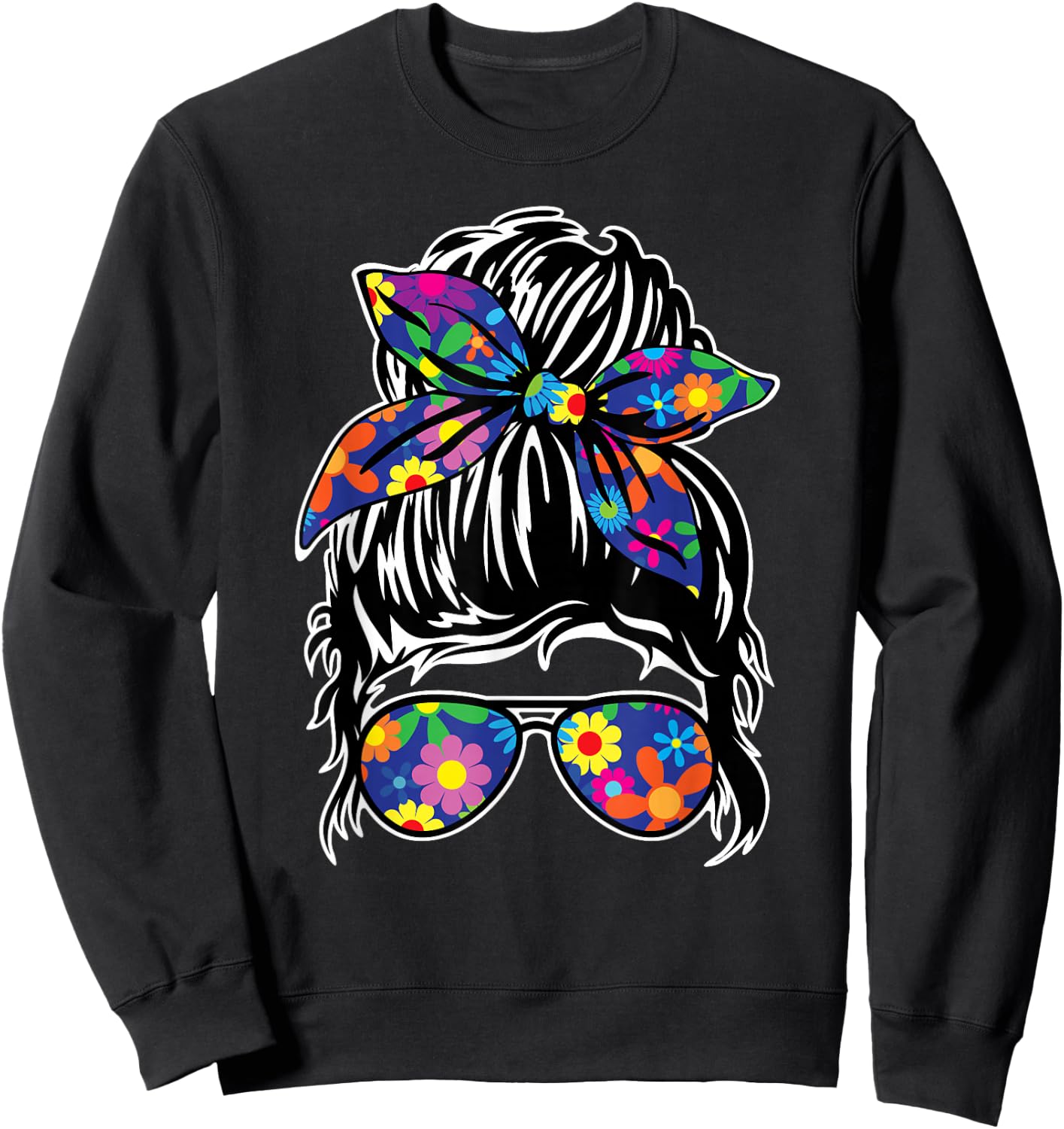 Messy Hair Bun with Bandana Ribbon and Sunglasses Design Sweatshirt - Sweatshirt | Black