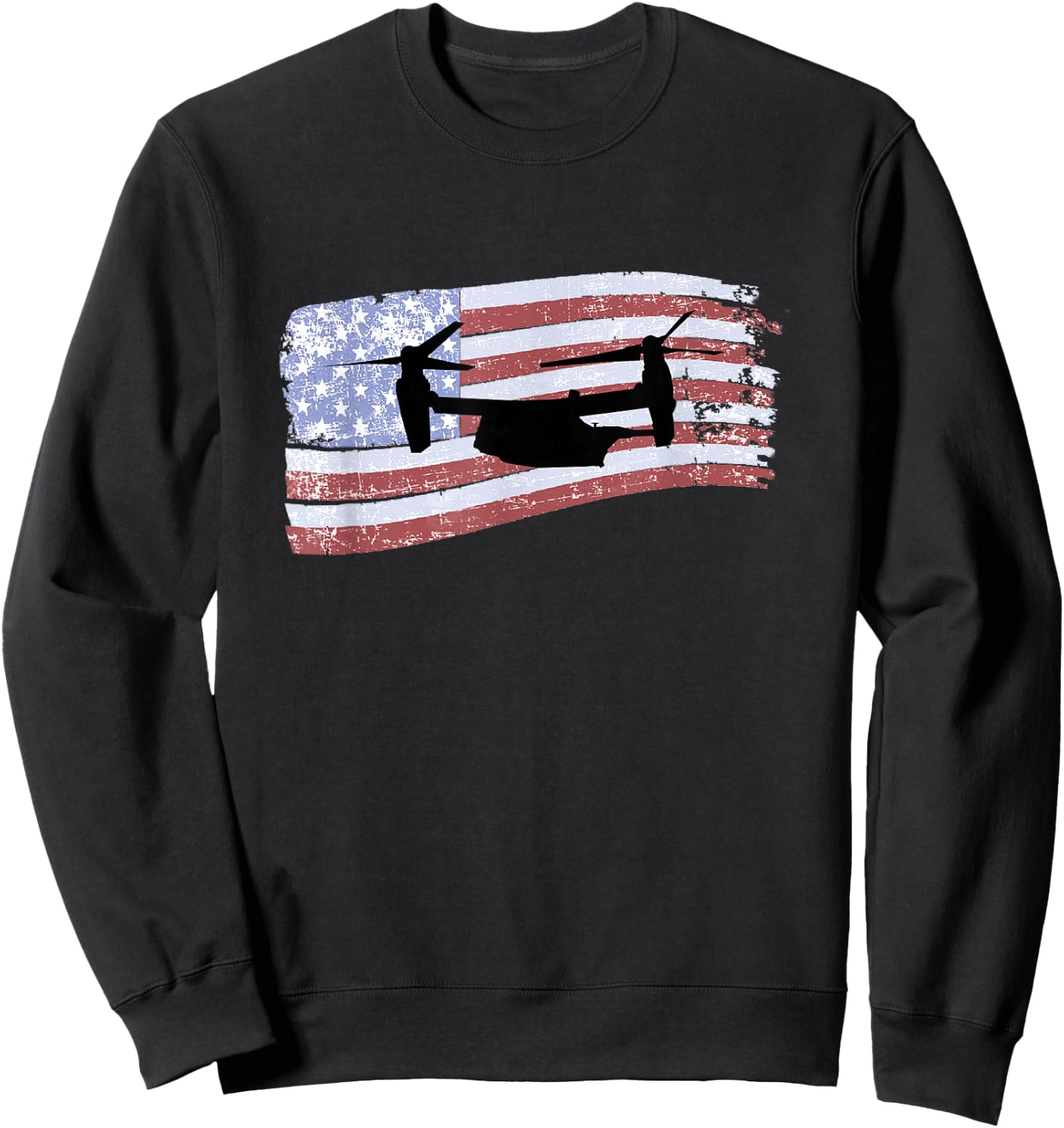 MV-22 Osprey Tiltrotor Helicopter Distressed US Flag Sweatshirt - Sweatshirt | Black