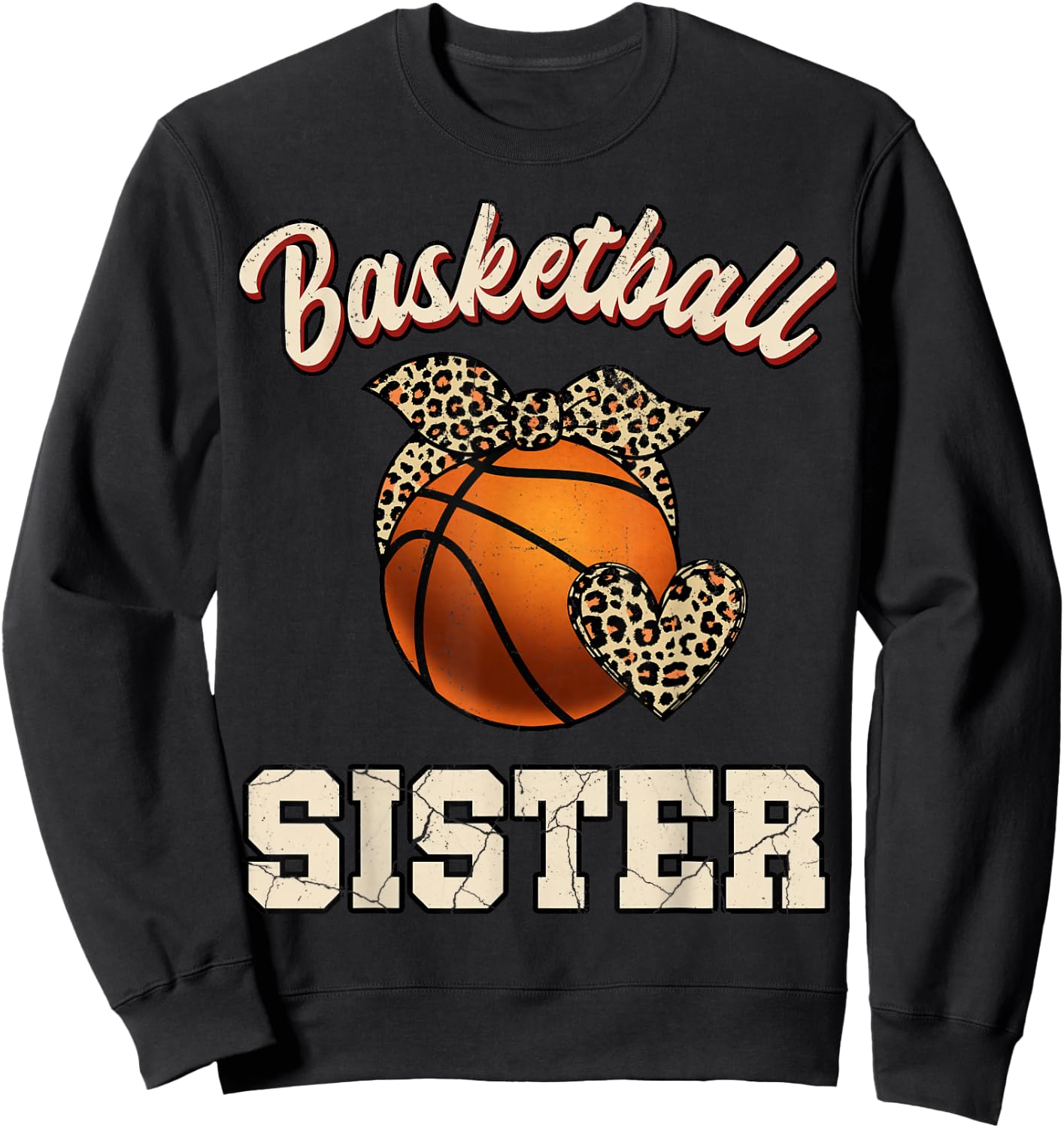 Basketball Sister Bandana Leopard Heart Fans Mother's Day Sweatshirt - Sweatshirt | Black