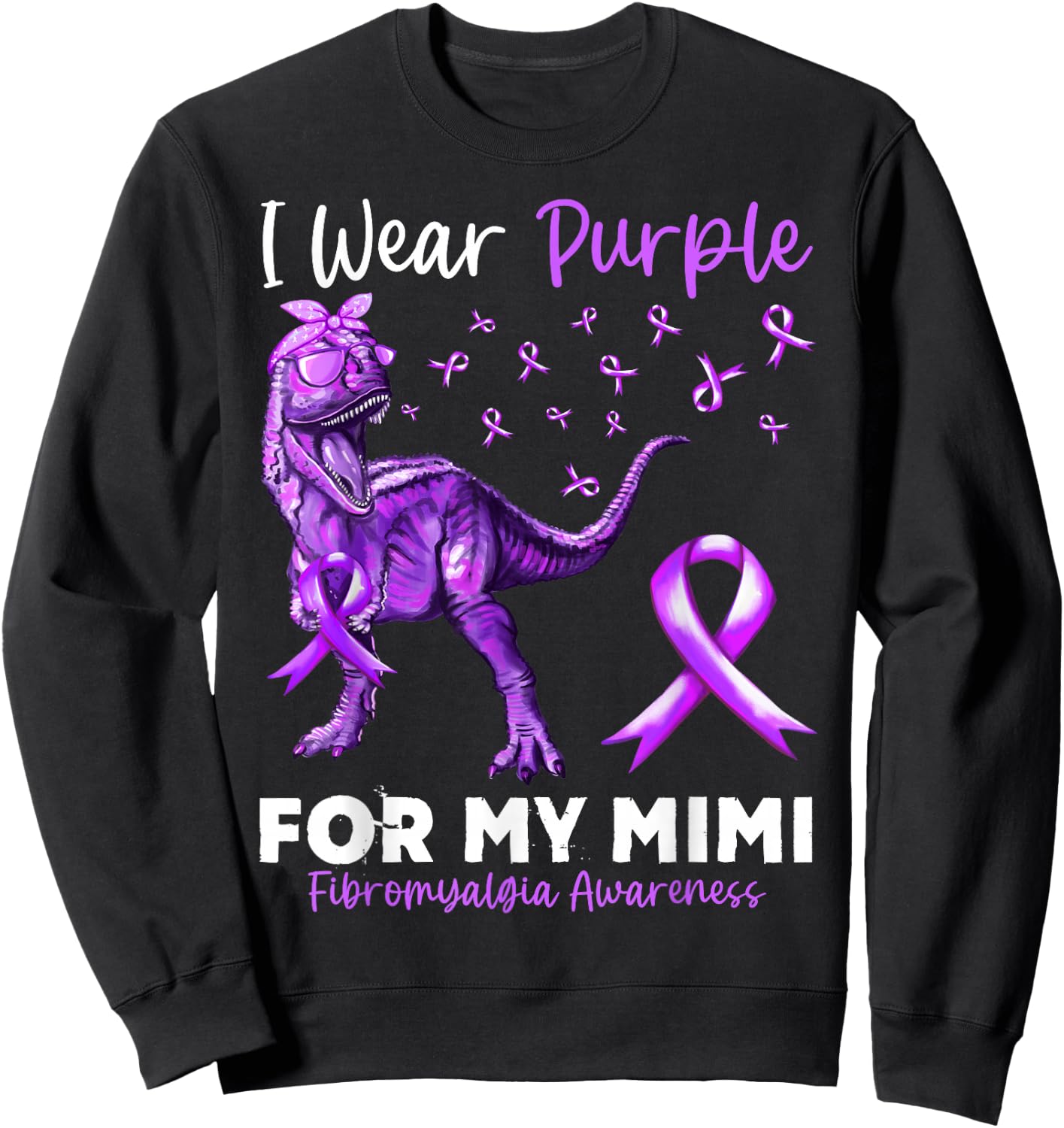 I Wear Purple For My Mimi Fibromyalgia Awareness Dinosaur Sweatshirt - Sweatshirt | Black