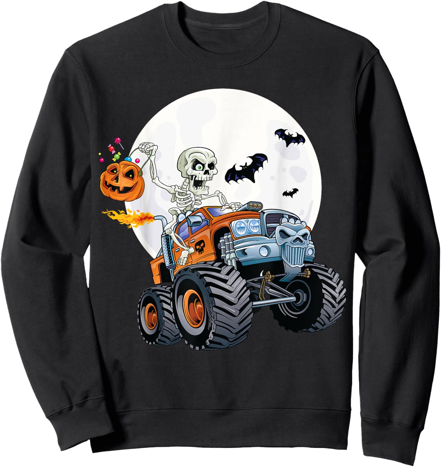 Skeleton Monster Truck Creepy Halloween Jack O Lantern Kids Sweatshirt - Sweatshirt | Black