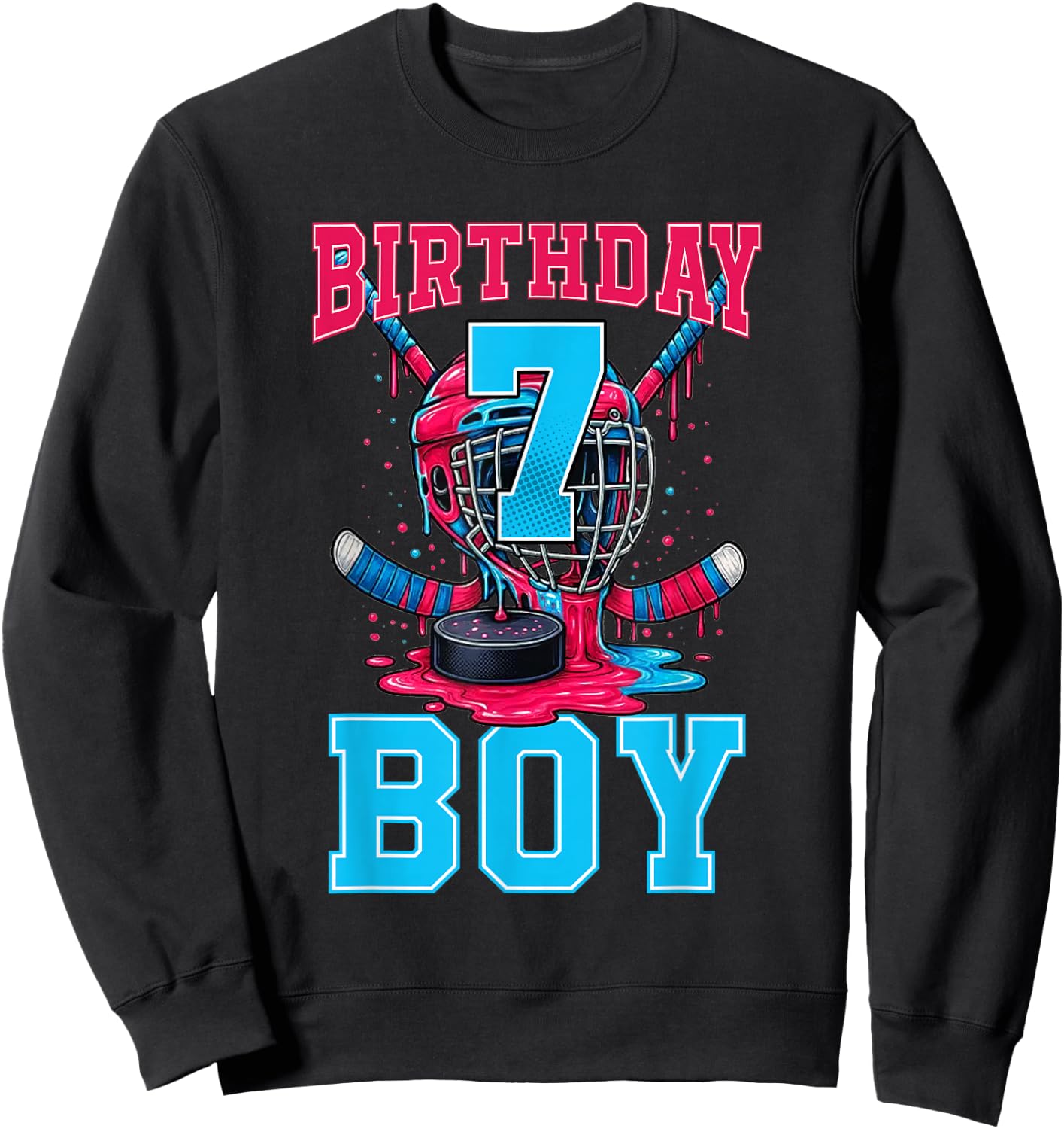 Hockey 7 Year Old Ice Cream Drip 7th Birthday Boy Party Sweatshirt - Sweatshirt | Black