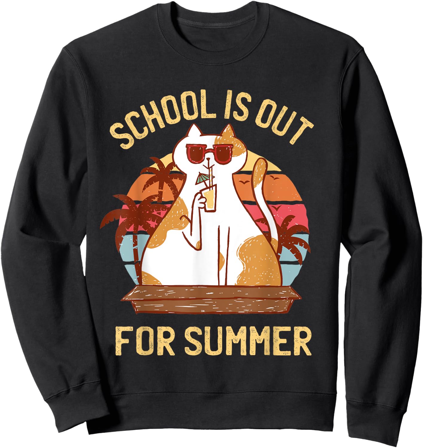 Last Day of School Shirt for Teachers - Retro Summer Cat Sweatshirt - Sweatshirt | Black