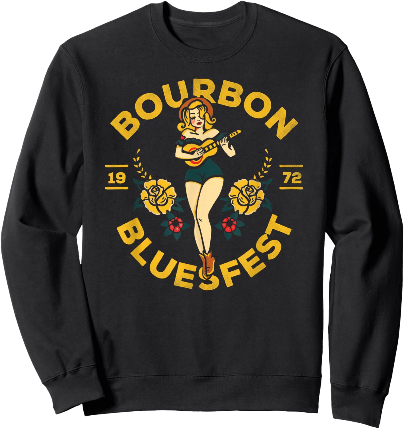 Bourbon Bluesfest 1972: Vintage Pinup Girl Playing Guitar Sweatshirt - Sweatshirt | Black