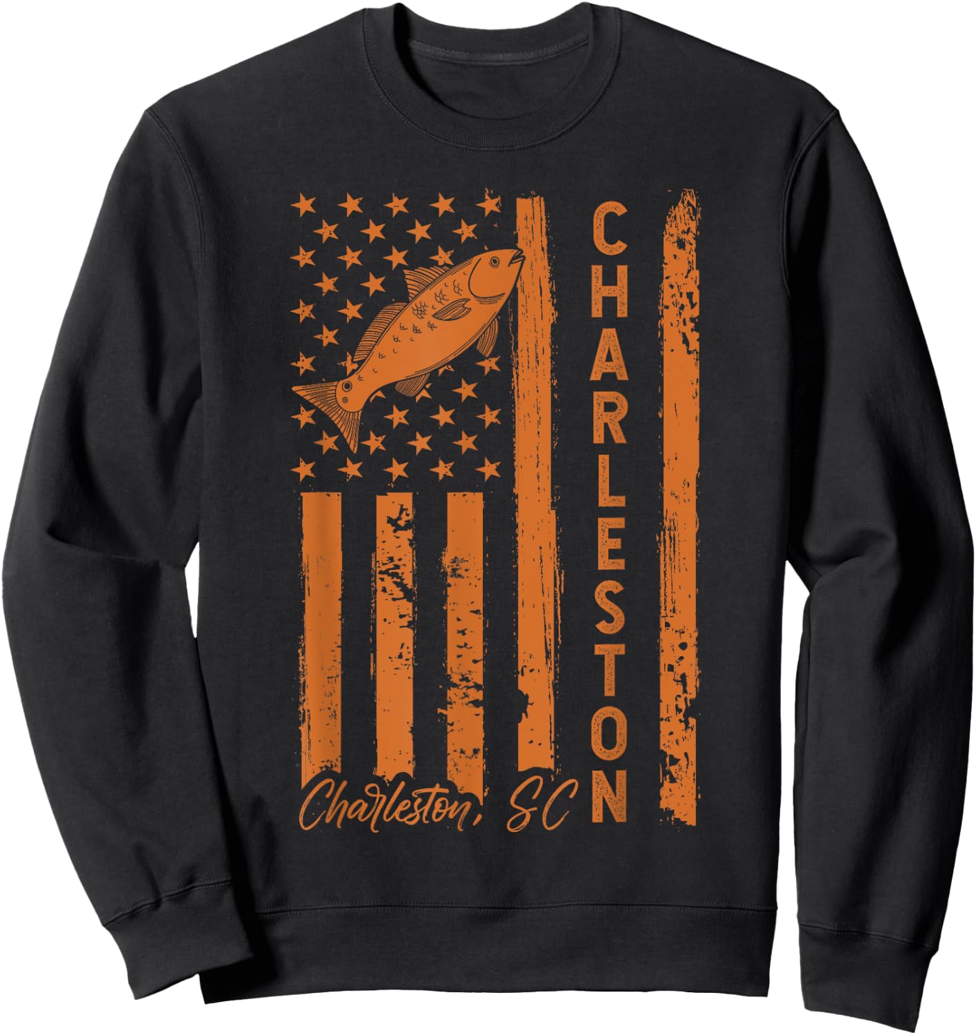 Charleston SC for Redfish Fishing Fishermen USA Flag Sweatshirt - Sweatshirt | Black
