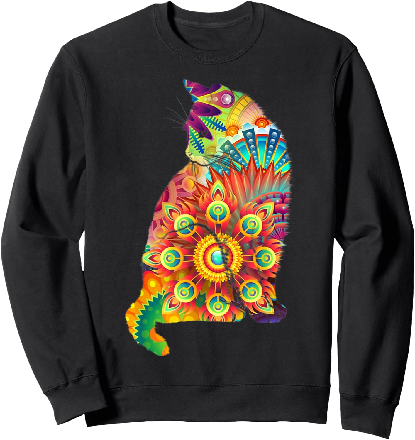 Cat Silhouette 60's 70's Colorful Patterns Sweatshirt - Sweatshirt | Black