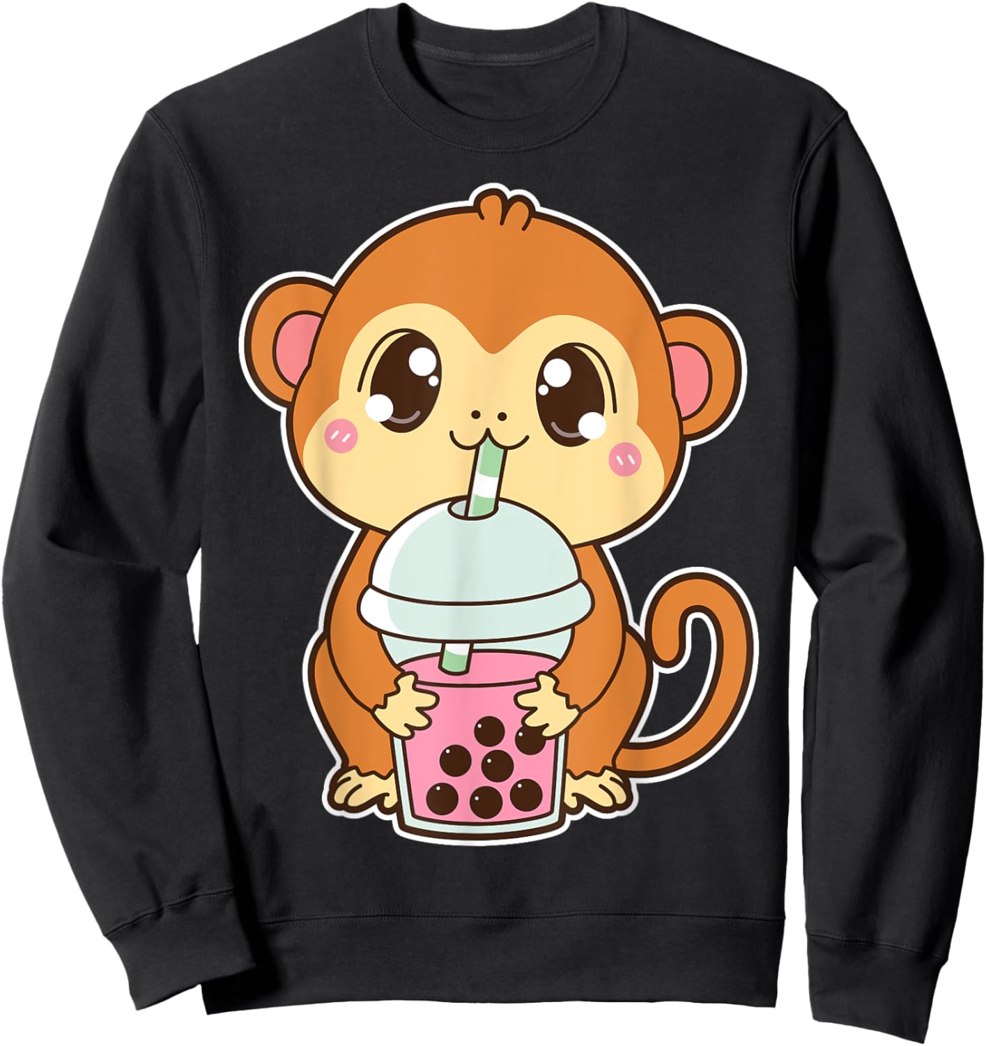 Kawaii Cute Zodiac Boba Monkey Strawberry Bubble Milk Tea Sweatshirt - Sweatshirt | Black