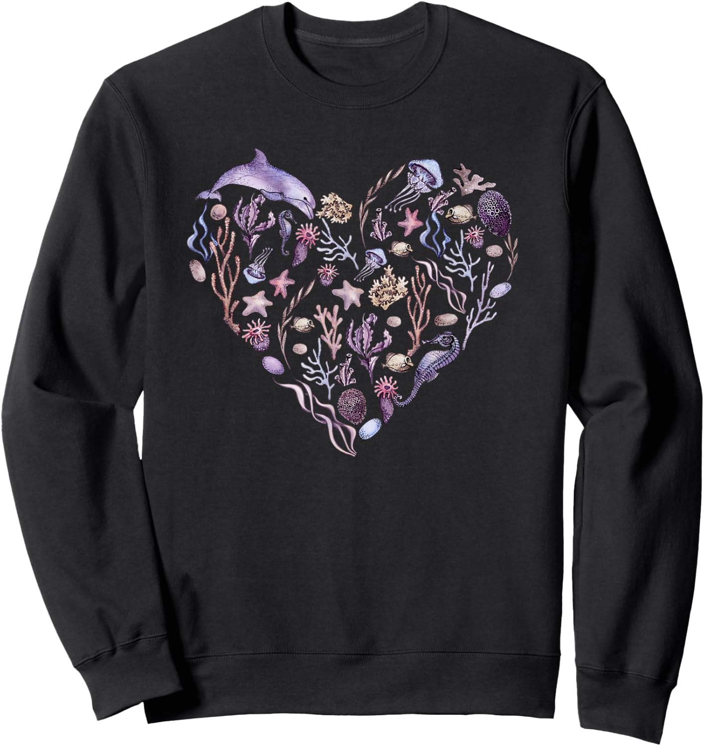 Under The Sea Life, Heart Design Ocean Animals, Plants Art Sweatshirt - Sweatshirt | Black