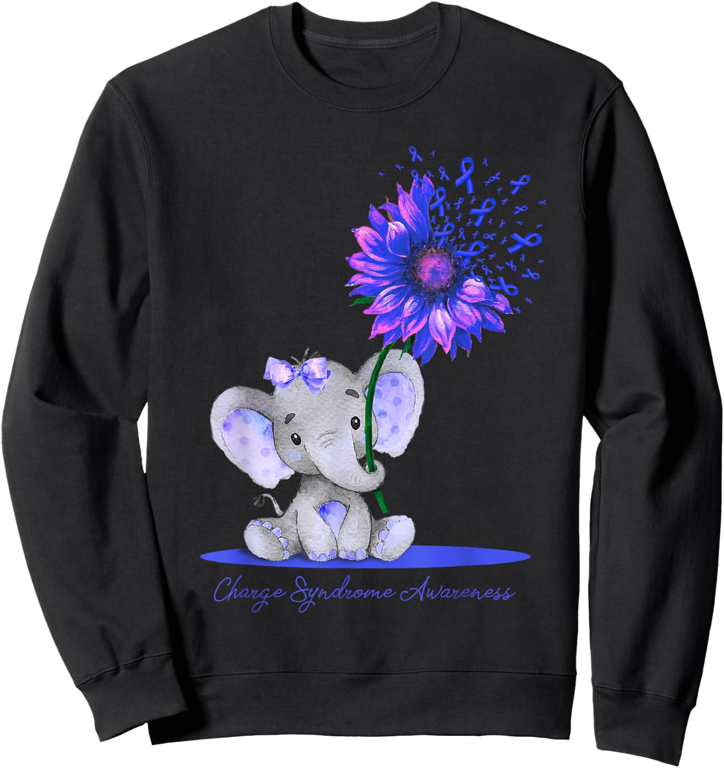 CHARGE SYNDROME AWARENESS Cute Elephant Sunflower Blue Sweatshirt - Sweatshirt | Black
