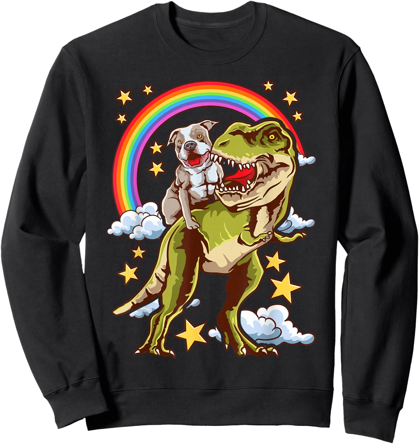 Funny Pitbull Riding A Dinosaur Rainbow Illustration Fun Sweatshirt - Sweatshirt | Black