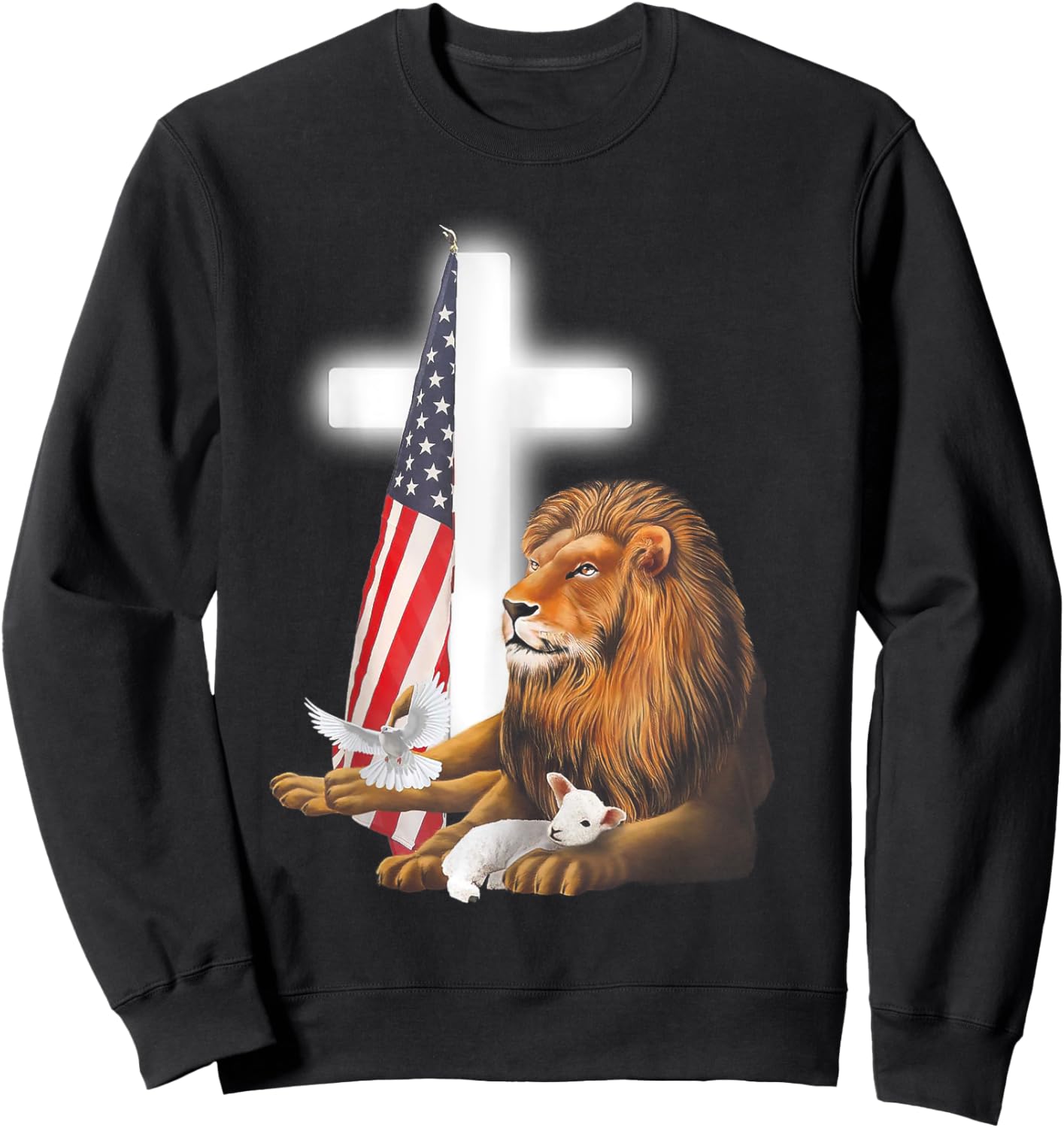 Lion And Lamb Cross Sheep Dove America Flag Sweatshirt - Sweatshirt | Black