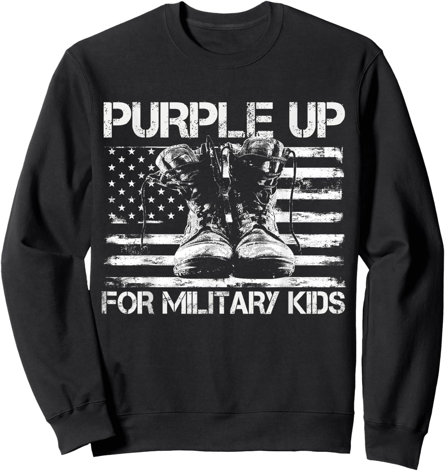 Purple up for Military Kids USA American Flag Military Boots Sweatshirt - Sweatshirt | Black