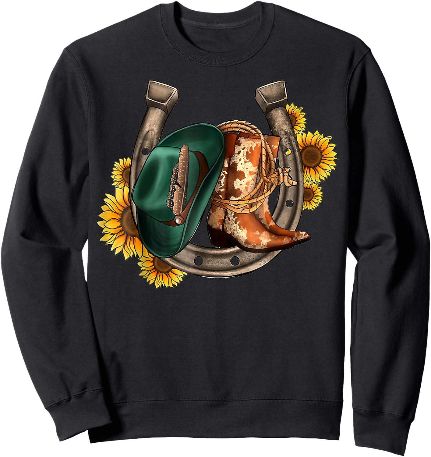 Cowboy Boots Cowboy Hat Horseshoes Sunflower Western Cowhide Sweatshirt - Sweatshirt | Black