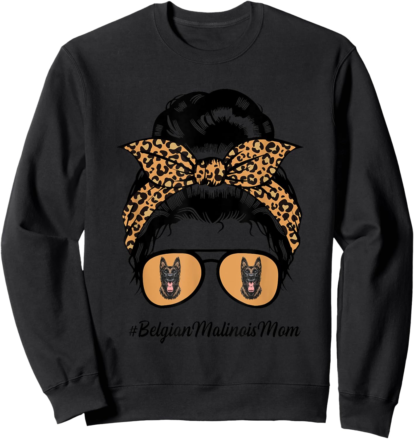 Belgian Malinois Dog Mom Messy Hair Bun Leopard Dog Lover Sweatshirt - Sweatshirt | Black