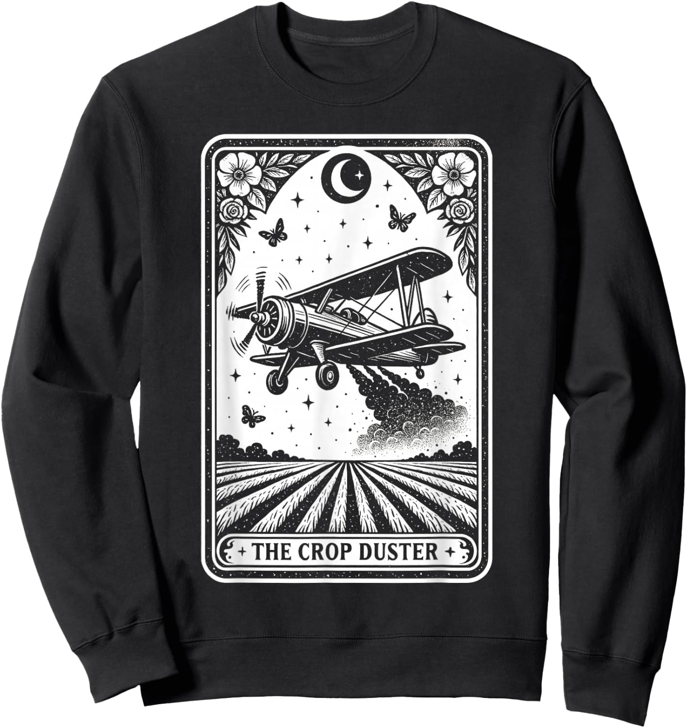 Crop Duster Airplane Tarot Card Vintage Flying Plane Art Sweatshirt - Sweatshirt | Black