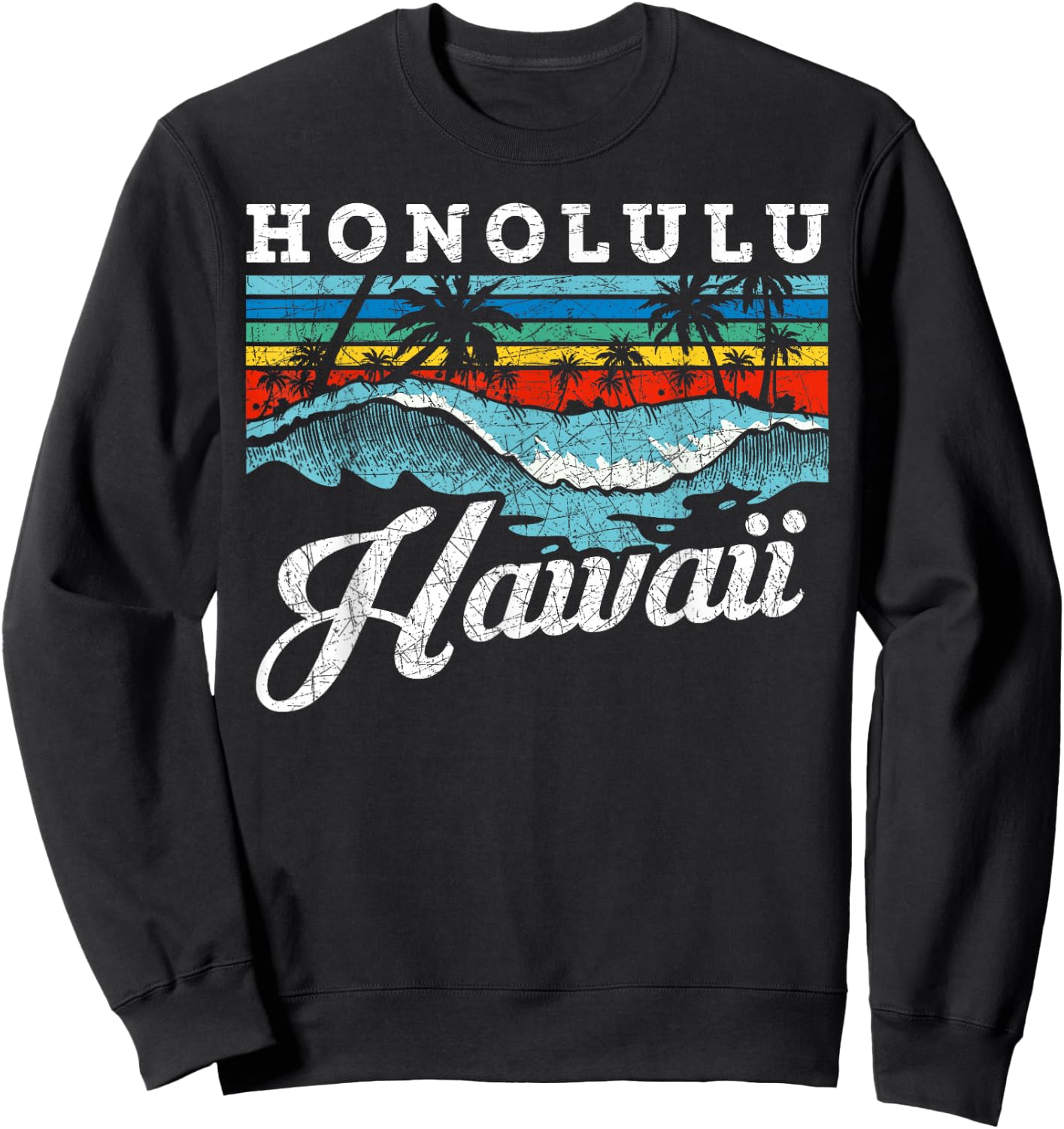 Waves Beach Honolulu Hawaiian Summer Surfing Retro Hawaii Sweatshirt - Sweatshirt | Black