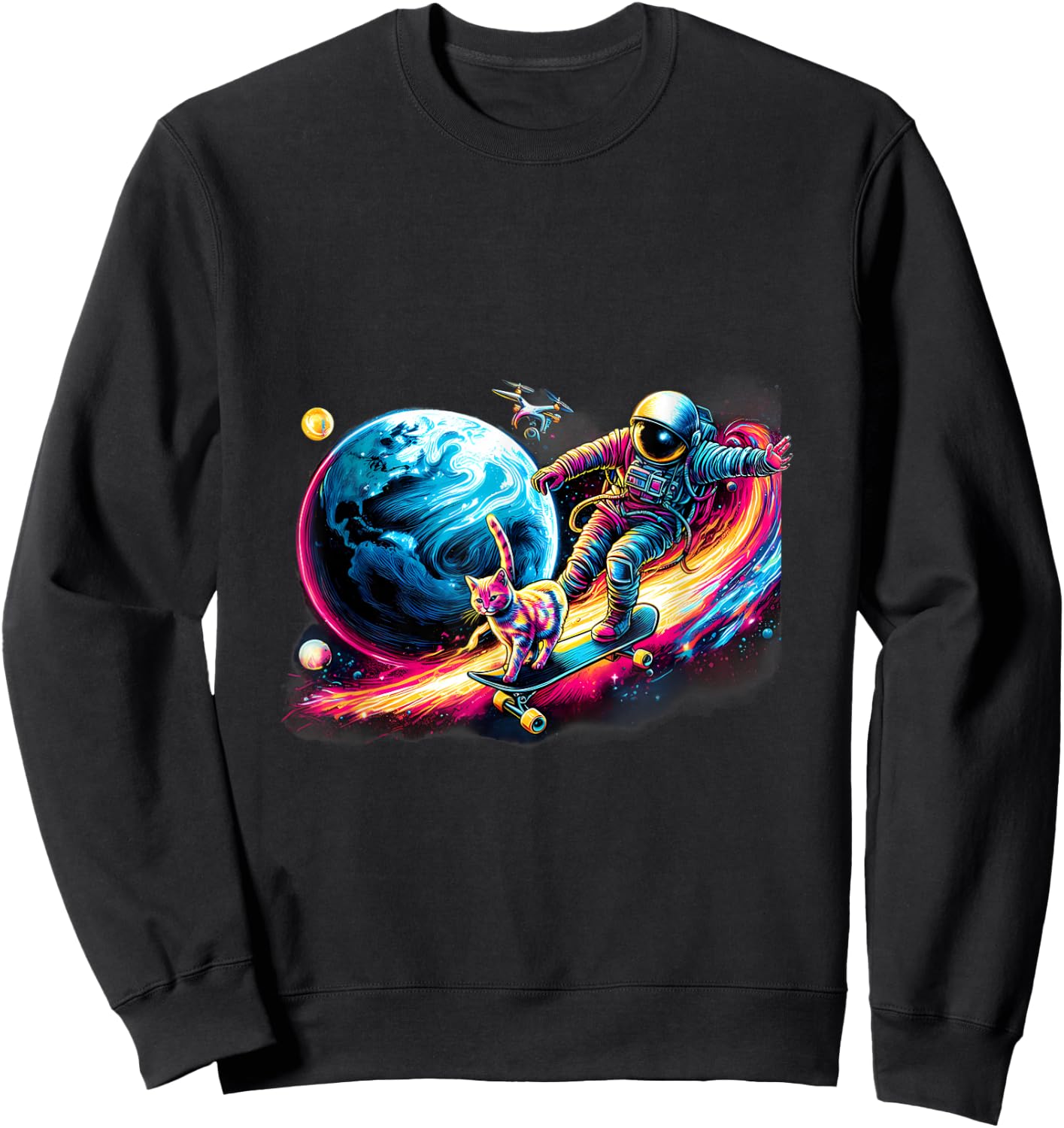 Cat And Astronaut Skateboarding The Outer Space Sweatshirt - Sweatshirt | Black