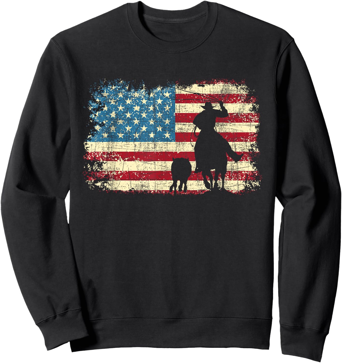 Team Roping - USA Flag Cowboy Cowgirl Rancher Heading Heeler Sweatshirt - Sweatshirt | Black