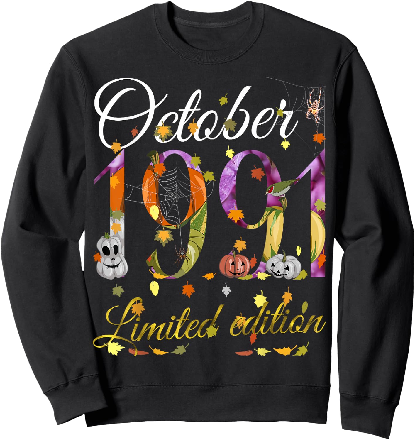 October 1991 34 Year Old Pumpkin Fall 34th Birthday Gift Sweatshirt - Sweatshirt | Black